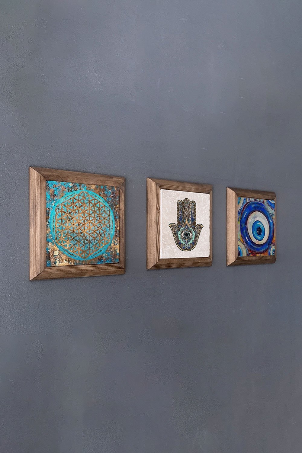 Oscar Stone Decor Masif (Ahşap) Çerçeveli 3'lü Set Taş Tablo Pano 28x28 cm Yaşam Çiçeği Nazar Fatma