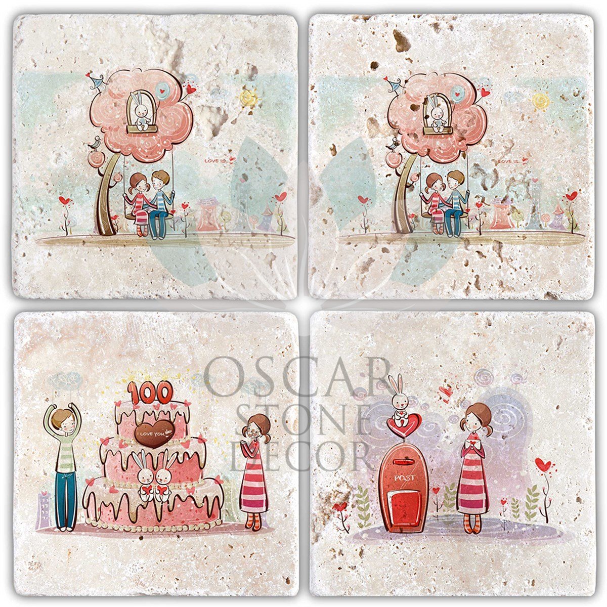 OSCAR STONE DECOR SEVGİLİLER GÜNÜ 4'lü DOĞALTAŞ BARDAK ALTLIĞI / SBA10 (COASTER)
