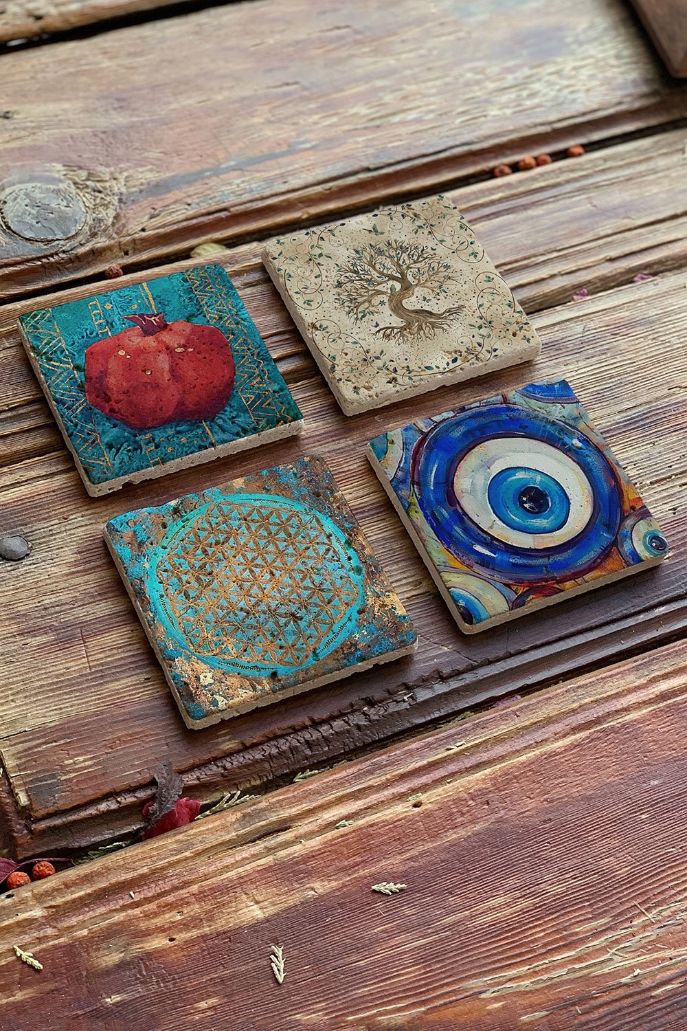 Oscar Stone Decor Taş Bardak Altlığı Stone Coasters - 4lü Set Hayat Ağacı Nar Yaşam Çiçeği