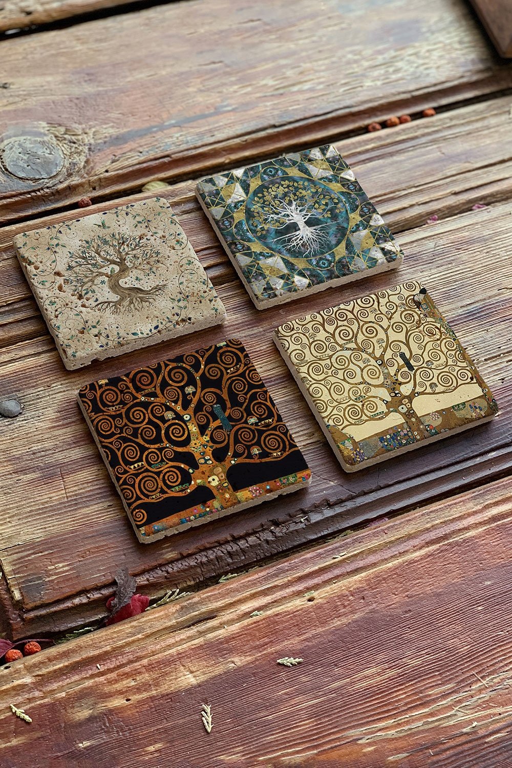 Oscar Stone Decor Taş Bardak Altlığı Stone Coasters - 4lü Set Hayat Ağacı Özel Kolleksiyon