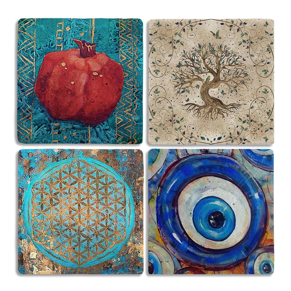 Oscar Stone Decor Taş Bardak Altlığı Stone Coasters - 4lü Set Hayat Ağacı Nar Yaşam Çiçeği