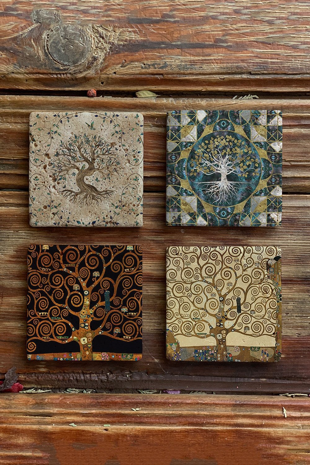 Oscar Stone Decor Taş Bardak Altlığı Stone Coasters - 4lü Set Hayat Ağacı Özel Kolleksiyon