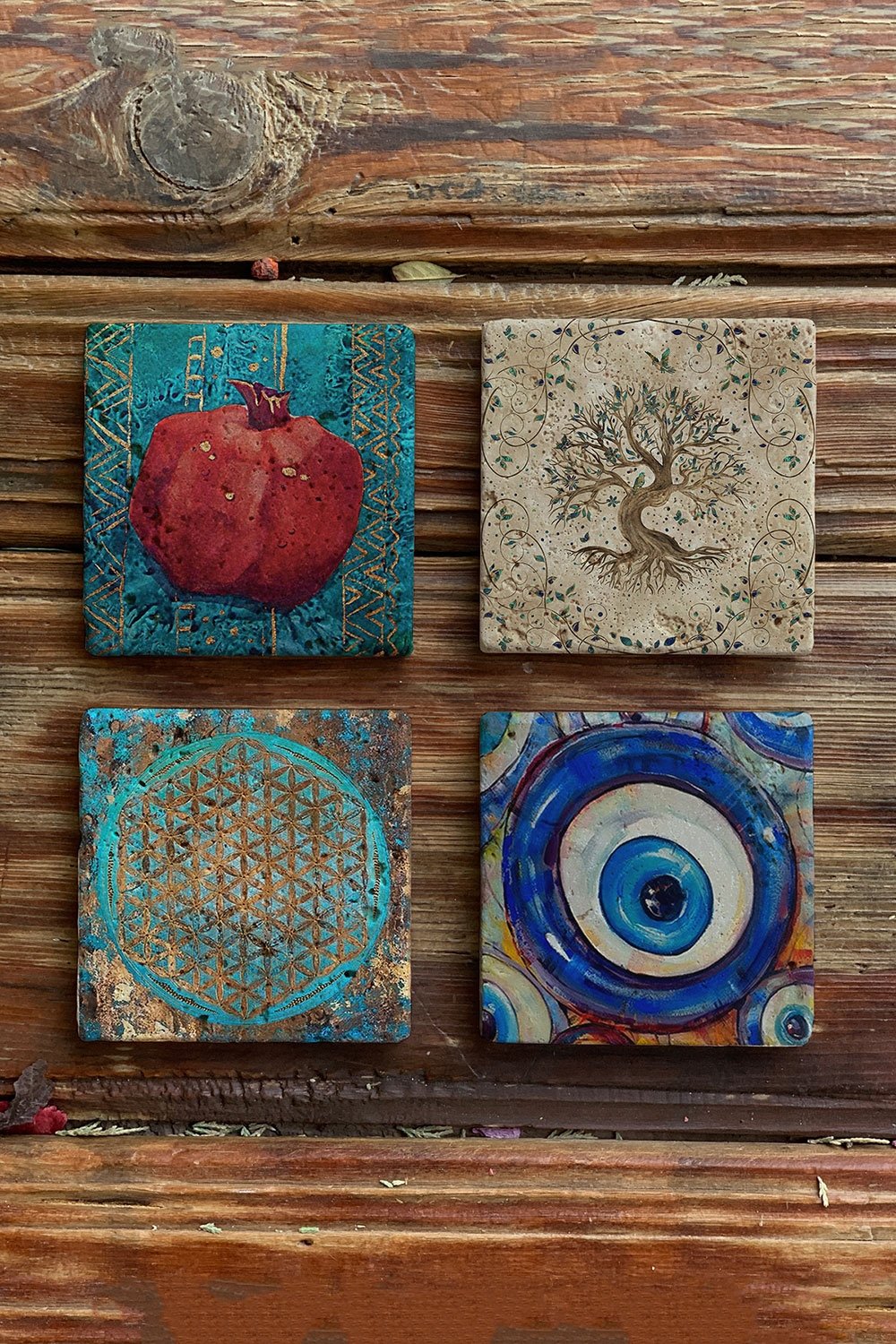 Oscar Stone Decor Taş Bardak Altlığı Stone Coasters - 4lü Set Hayat Ağacı Nar Yaşam Çiçeği