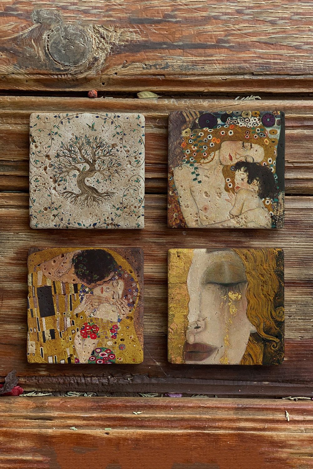 Oscar Stone Decor Taş Bardak Altlığı Stone Coasters - 4lü Set Gustav Klimt Tabloları ve Hayat Ağacı