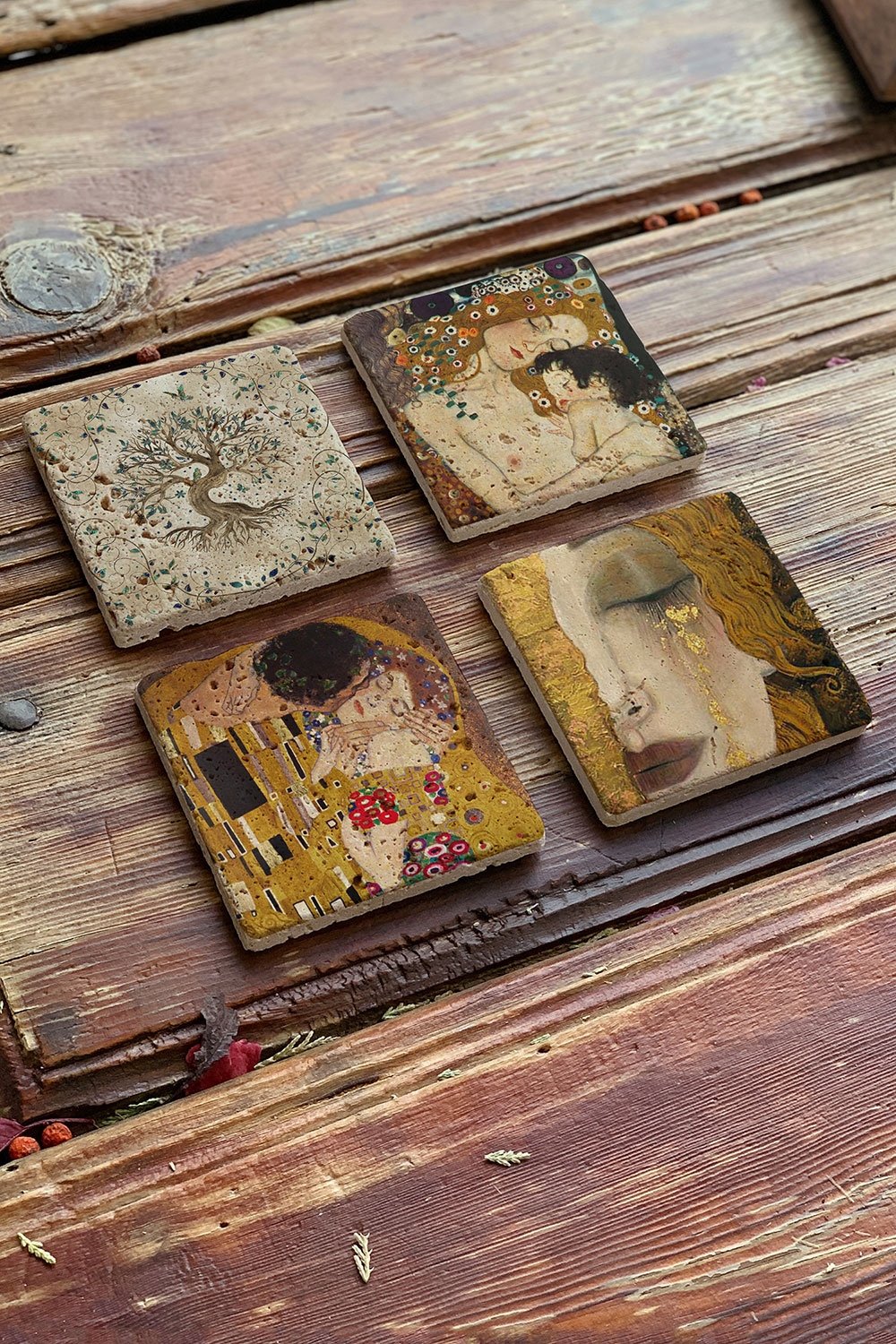 Oscar Stone Decor Taş Bardak Altlığı Stone Coasters - 4lü Set Gustav Klimt Tabloları ve Hayat Ağacı