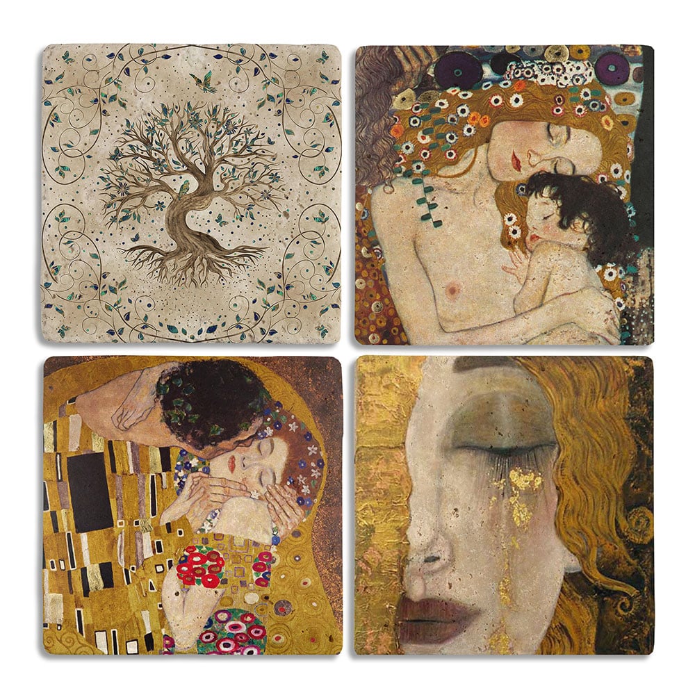 Oscar Stone Decor Taş Bardak Altlığı Stone Coasters - 4lü Set Gustav Klimt Tabloları ve Hayat Ağacı