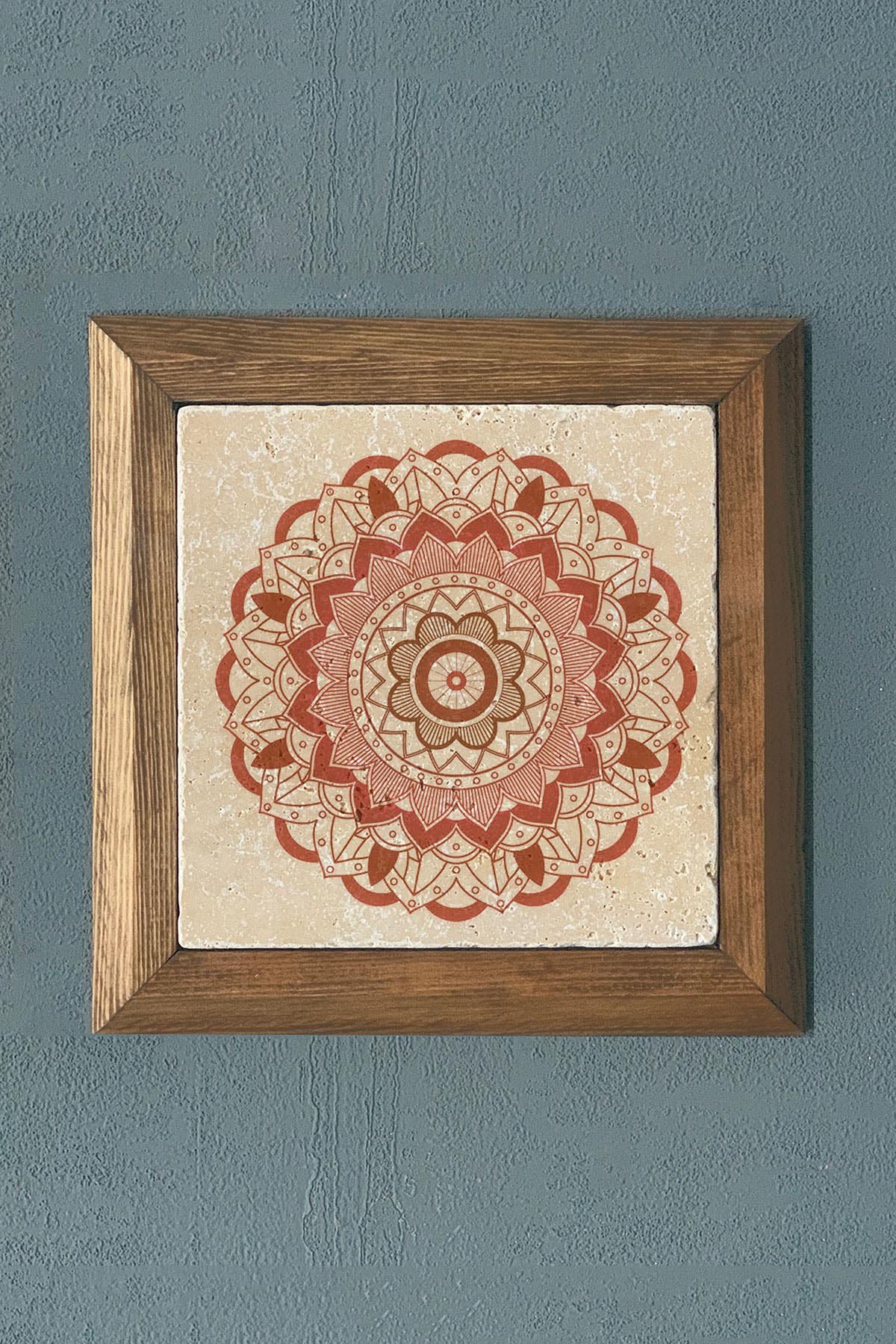 Oscar Stone Decor Yaşam Çiçeği Mandala Masif Ahşap Çerçeveli Taş Tablo -Duvar Dekoru-28X28 CM