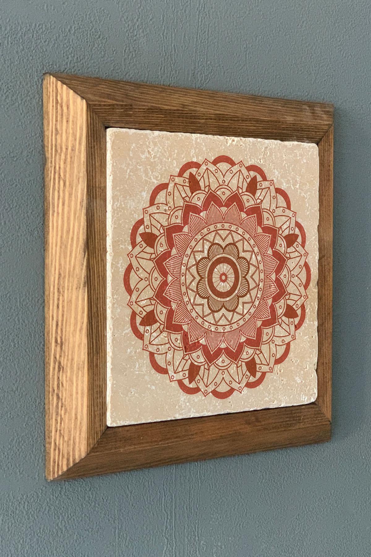 Oscar Stone Decor Yaşam Çiçeği Mandala Masif Ahşap Çerçeveli Taş Tablo -Duvar Dekoru-28X28 CM