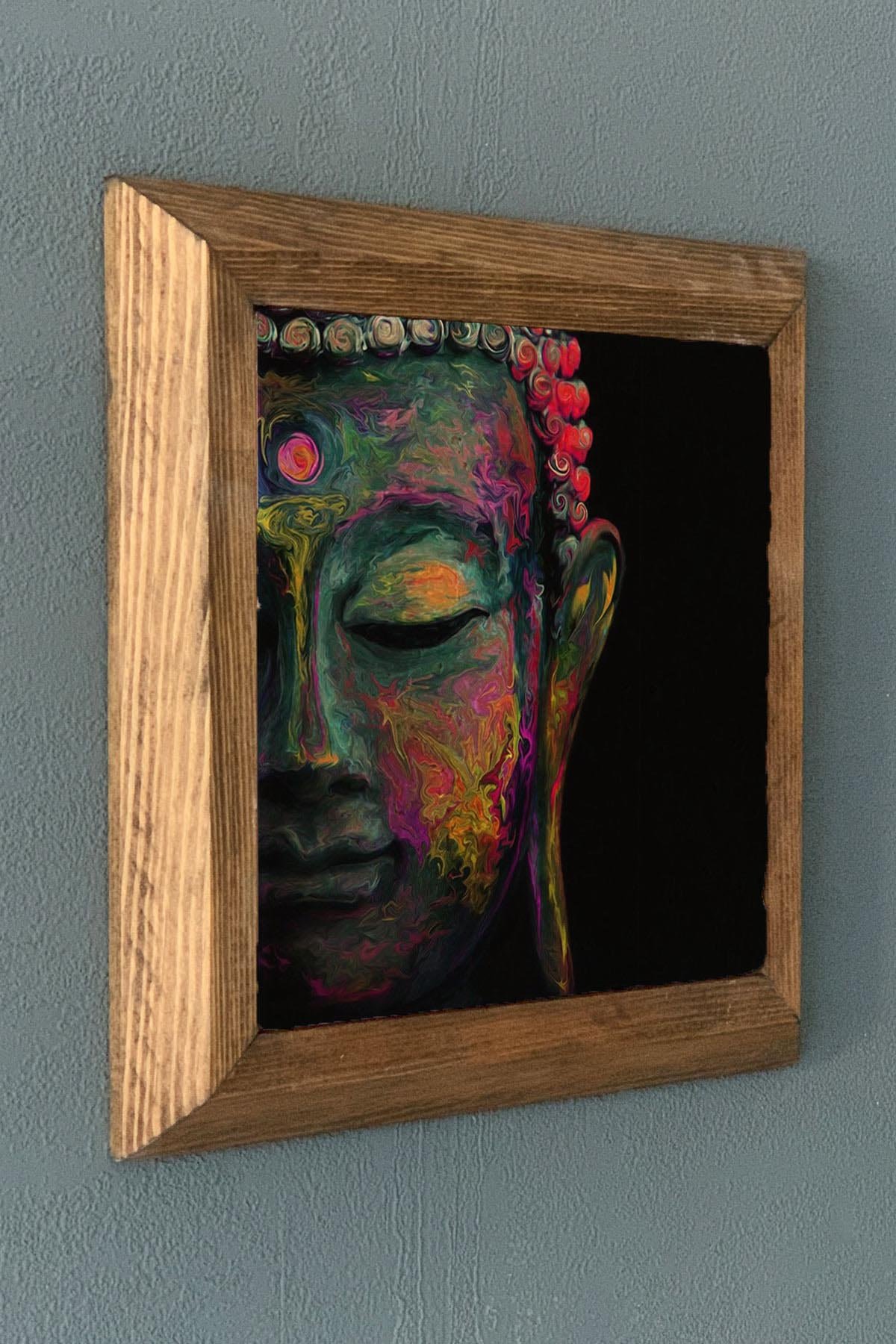 RENKLİ BUDHA-Masif Çerçeveli Taş Tablo-Wall Decor- Oscar Stone Decor 28X28 CM