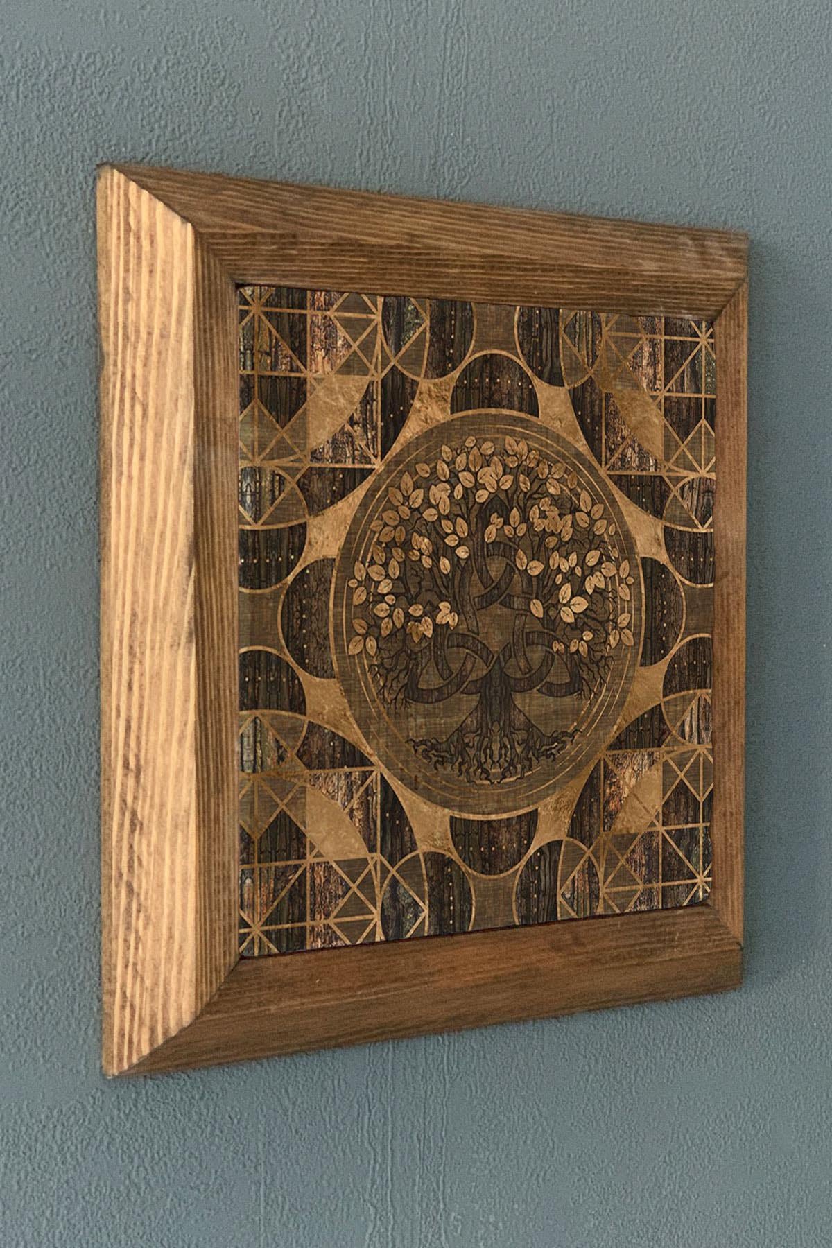 Taş Tablo- Oscar Stone Decor Hayat Ağacı (Yaşam)Masif Ahşap Çerçeveli Duvar Dekoru-28X28 CM