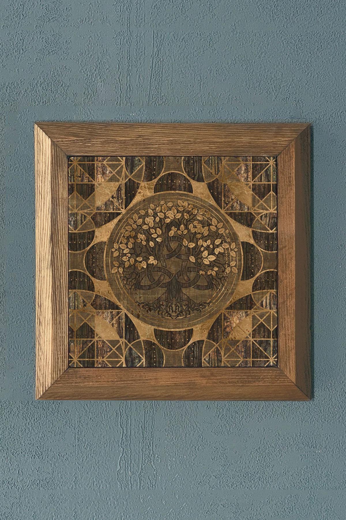 Taş Tablo- Oscar Stone Decor Hayat Ağacı (Yaşam)Masif Ahşap Çerçeveli Duvar Dekoru-28X28 CM