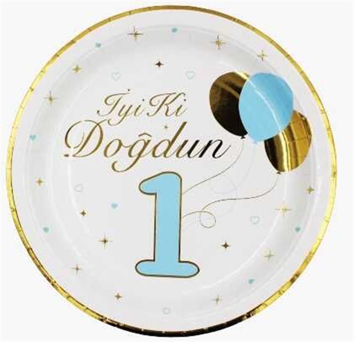 1 Yaş Erkek Bebek Varaklı İyiki Doğdun Tabak 6 Adet