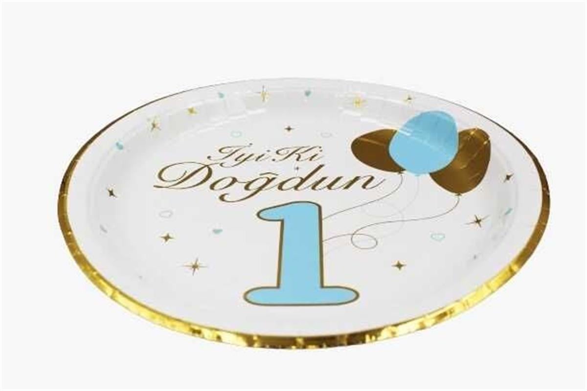 1 Yaş Erkek Bebek Varaklı İyiki Doğdun Tabak 6 Adet