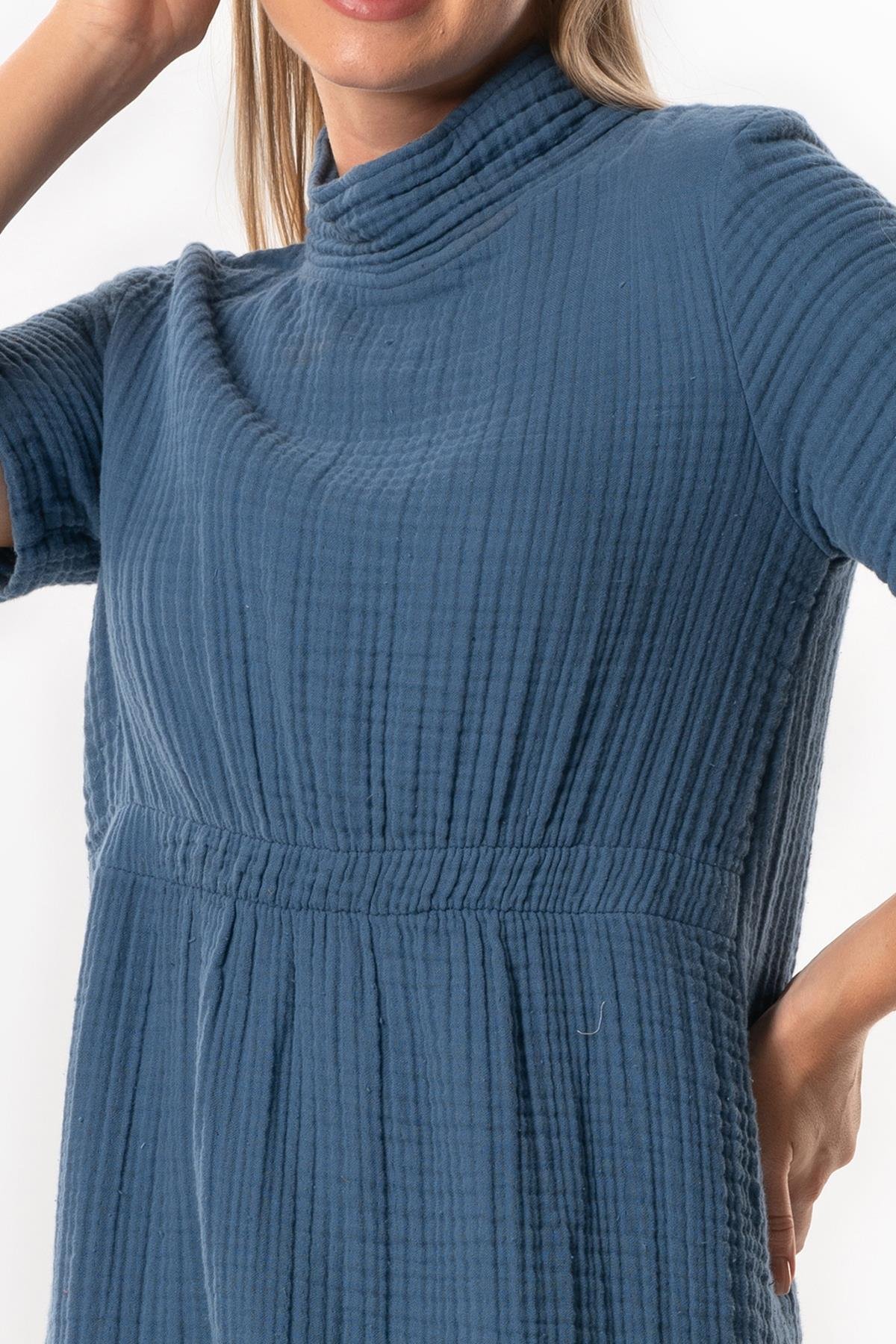 Short Sleeve Gizem Half Throat Fall-Winter Midi Length Double Muslin Dress İndigo