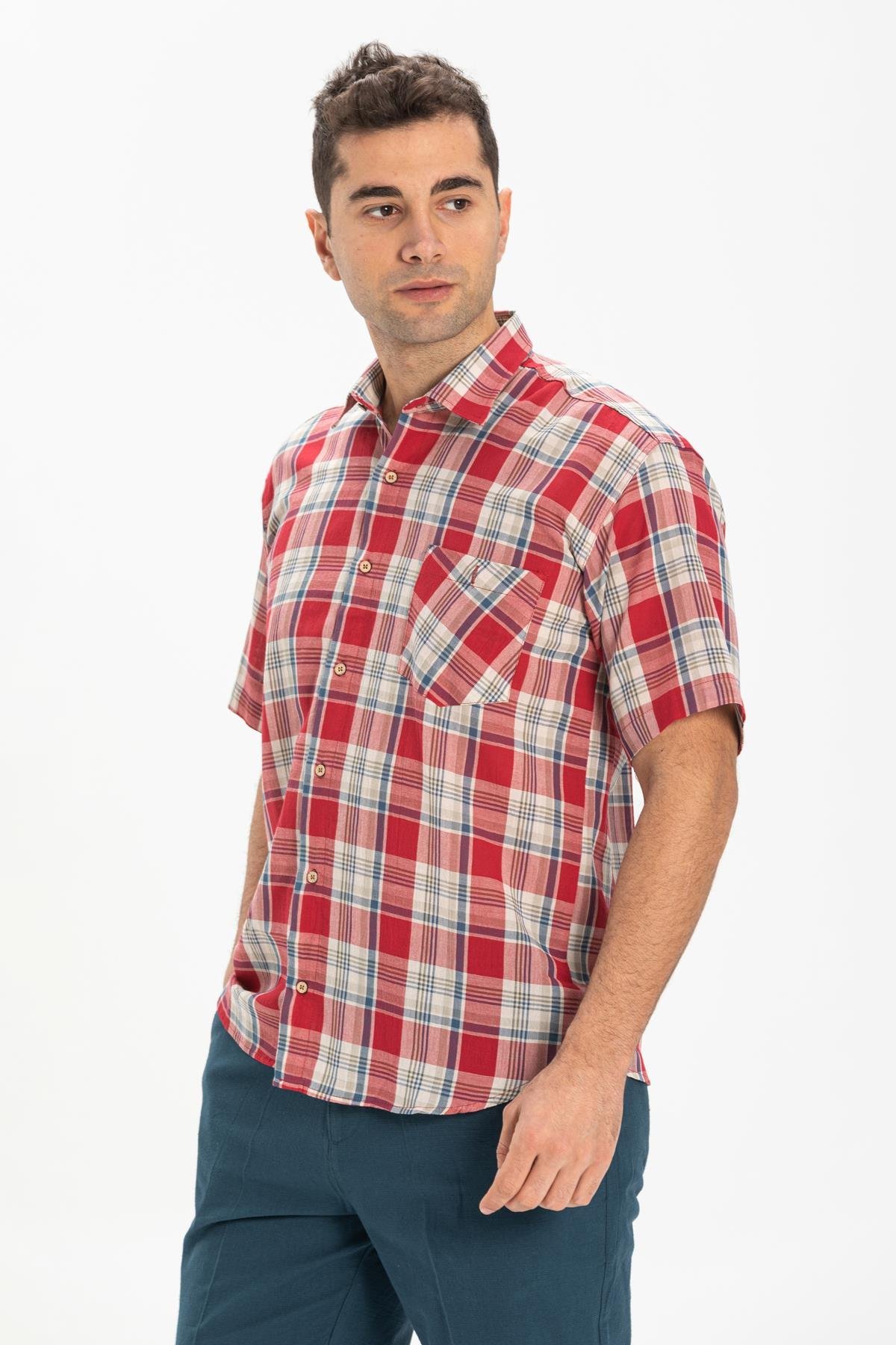 Short Sleeve Sile Fabric Men Shirt Red Navy Blue Scotch Plaid