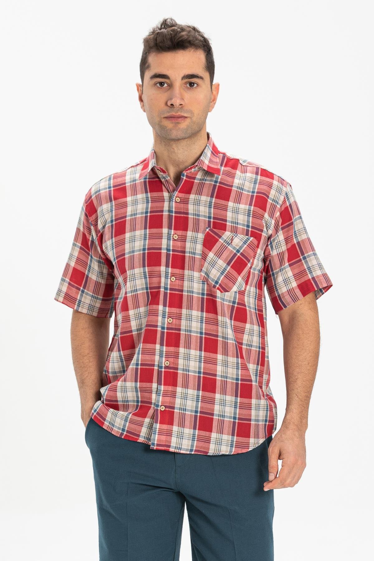 Short Sleeve Sile Fabric Men Shirt Red Navy Blue Scotch Plaid