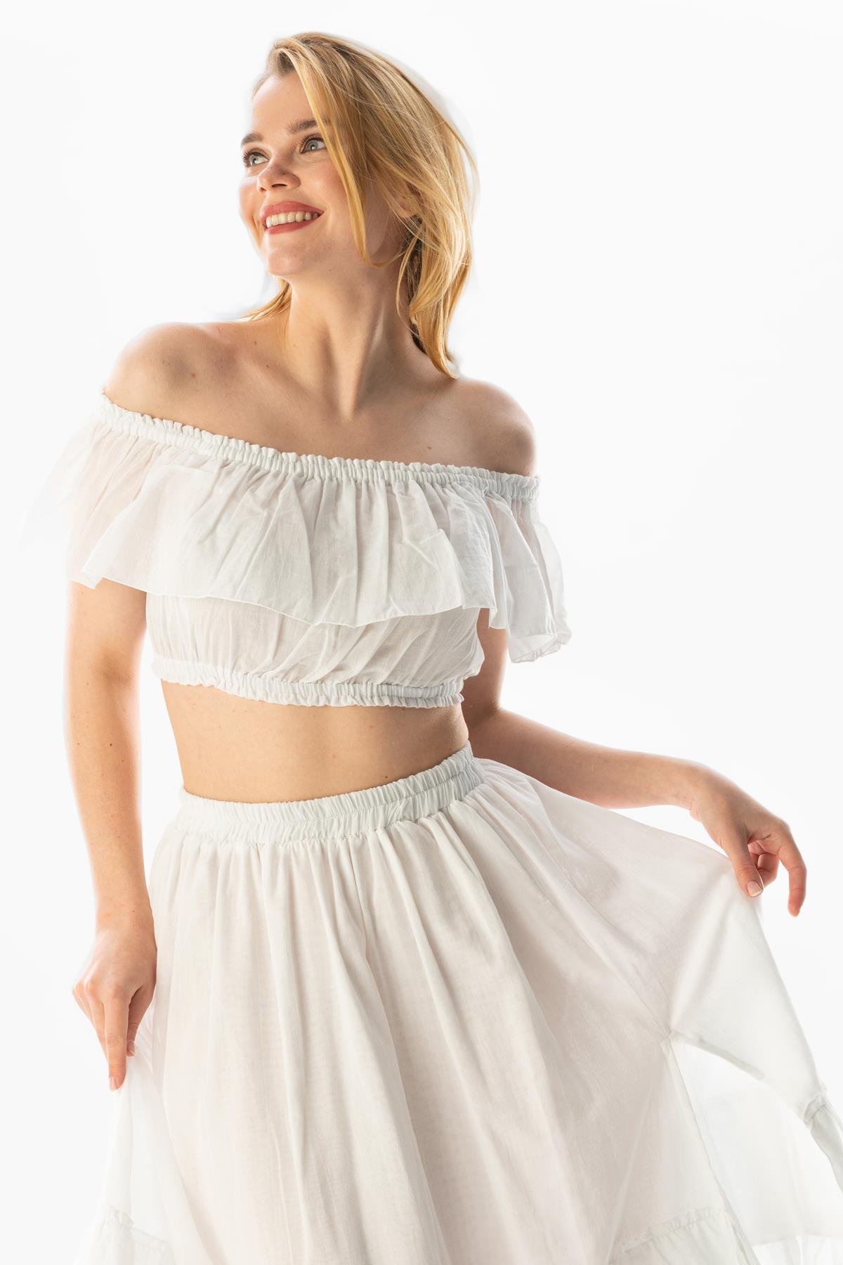 Short Sleeve Voile Lavinya Boat Neck Summer Blouse White