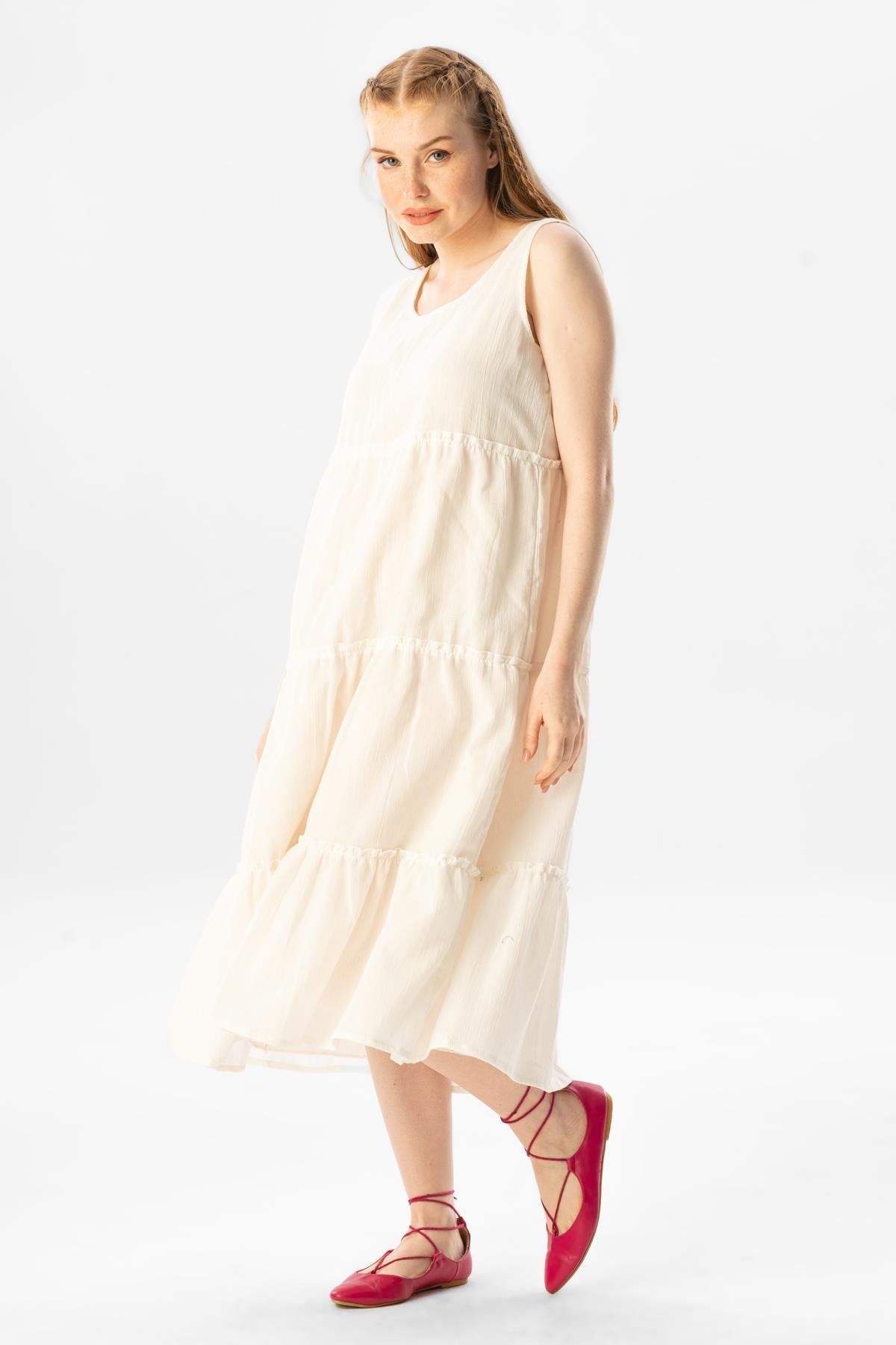 Sleeveless Şile Cloth Şule Midi Length Ruffle Detailed Summer Dress Cream
