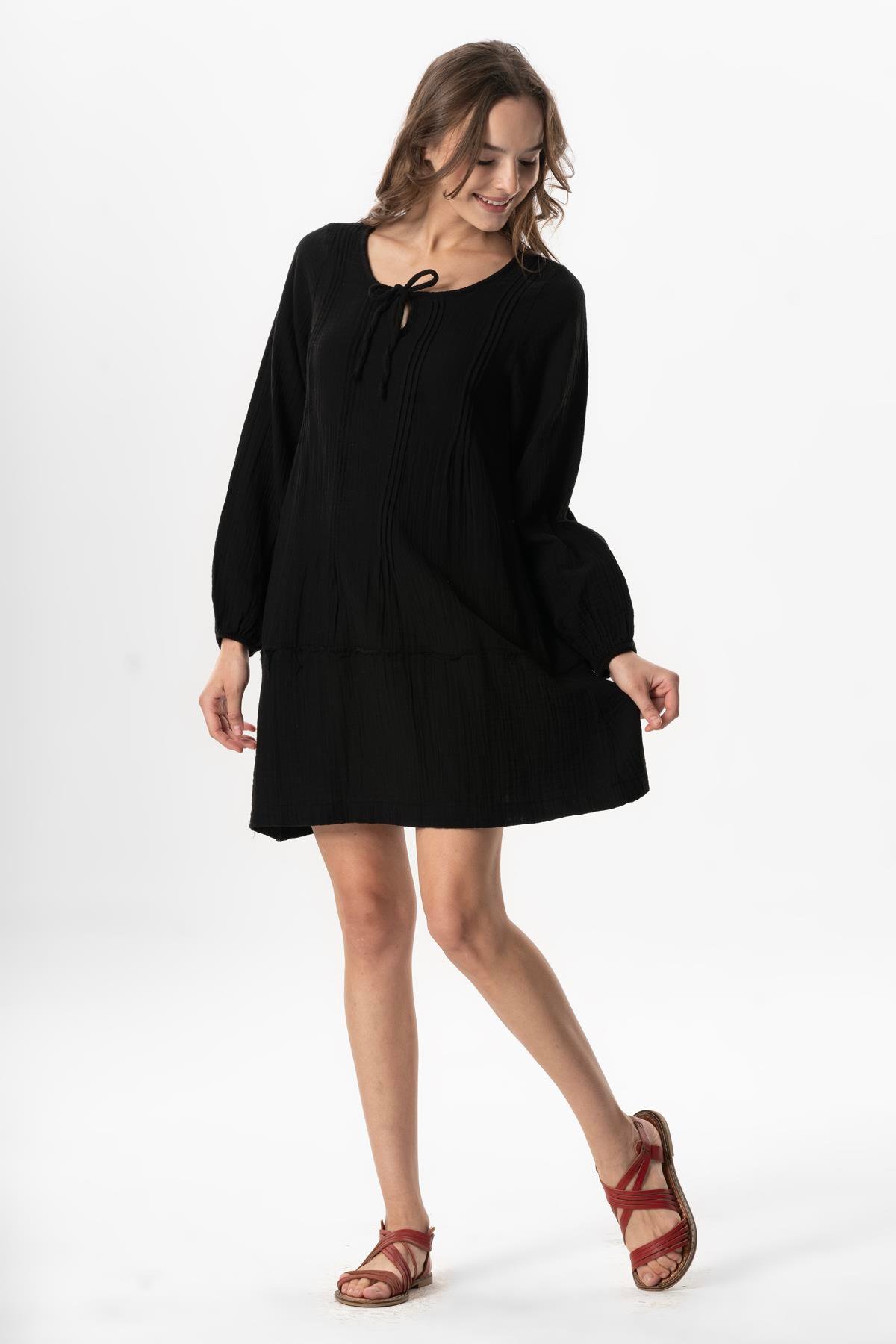 Long Sleeve Göksel Short Muslin Summer Dress Black