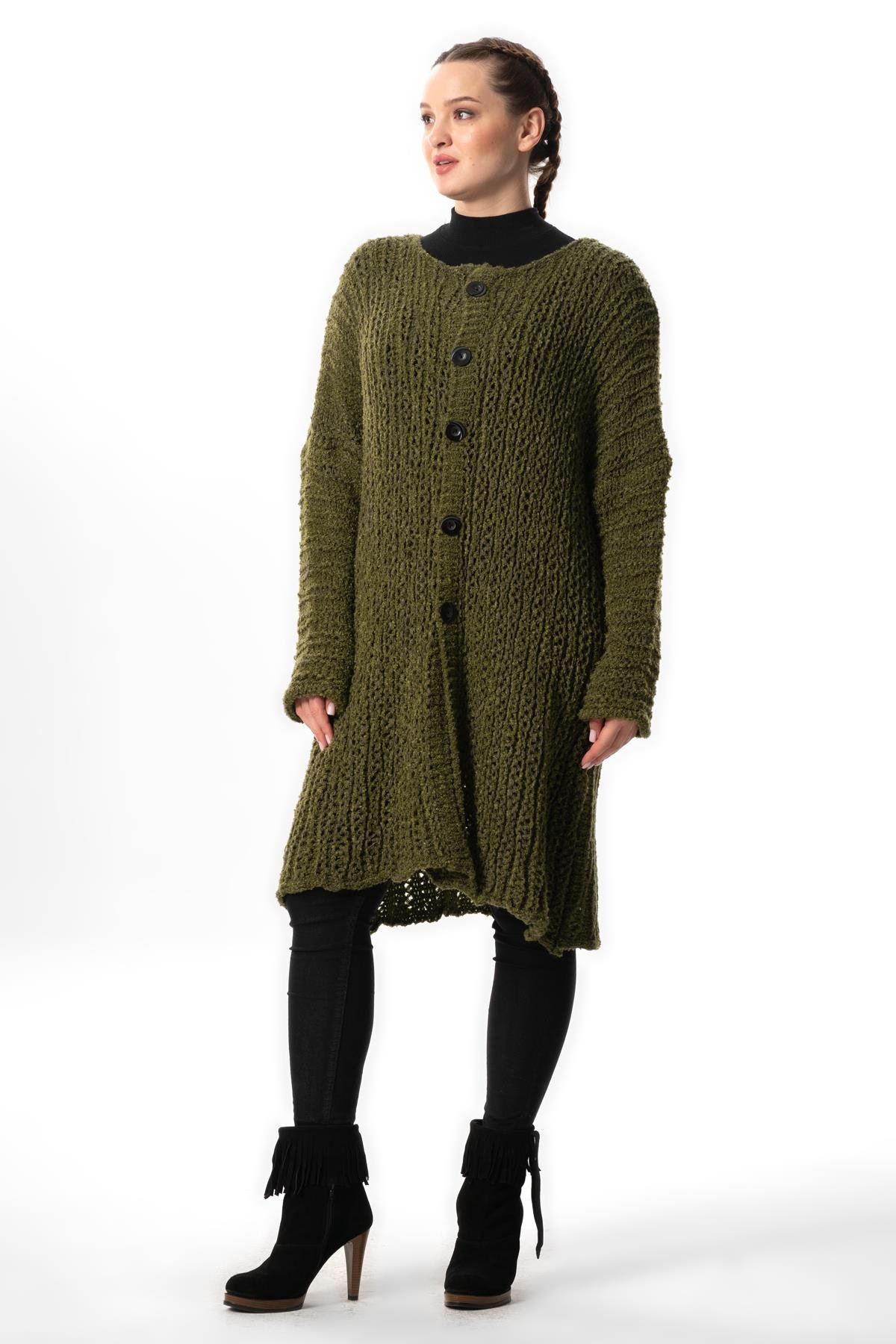 Long Sleeve Şehrazat Button Detailed Autumn and Winter Long Sweater Cardigan Khaki