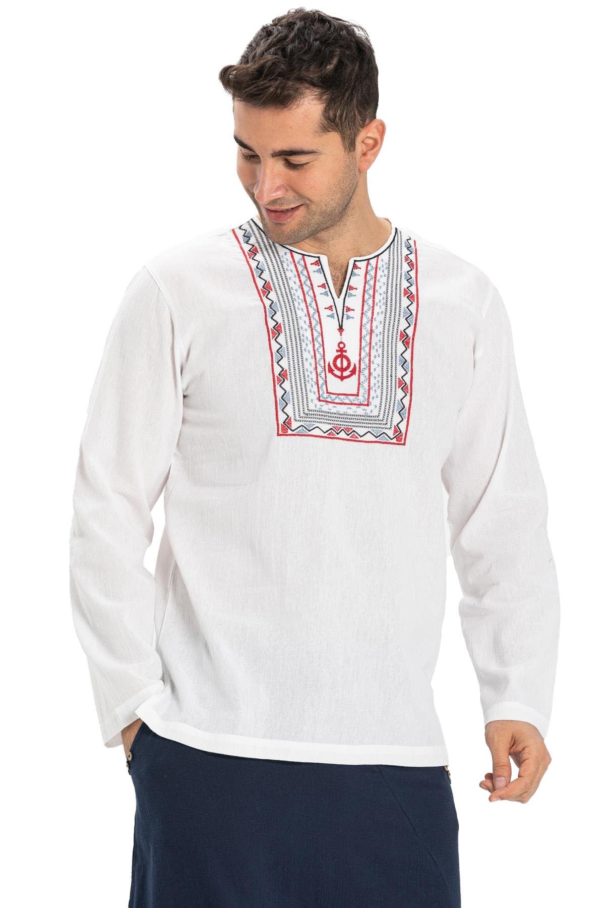 Uzun Kol Şile Bezi Bisiklet Yaka Bahriyeli Erkek T-Shirt Beyaz 3001