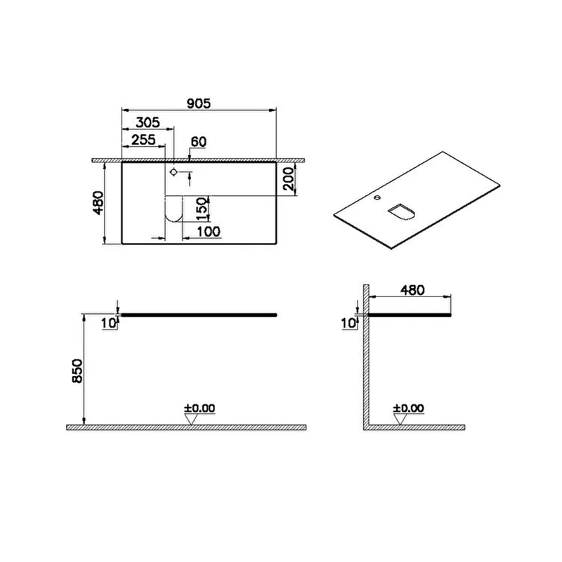 Vitra Origin Üst Tezgah 90 Cm, Cam Armatür Delikli, Sol Sifon Delikli, Siyah 65714