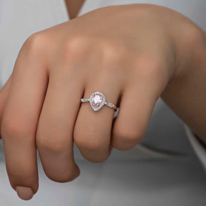Gümüş Pembe Damla Taşlı Kadın Yüzük