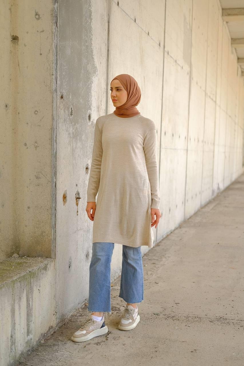 NEFİSE Reglan Kol Yırtmaçlı Tunik 1402 - Taş  Tunik