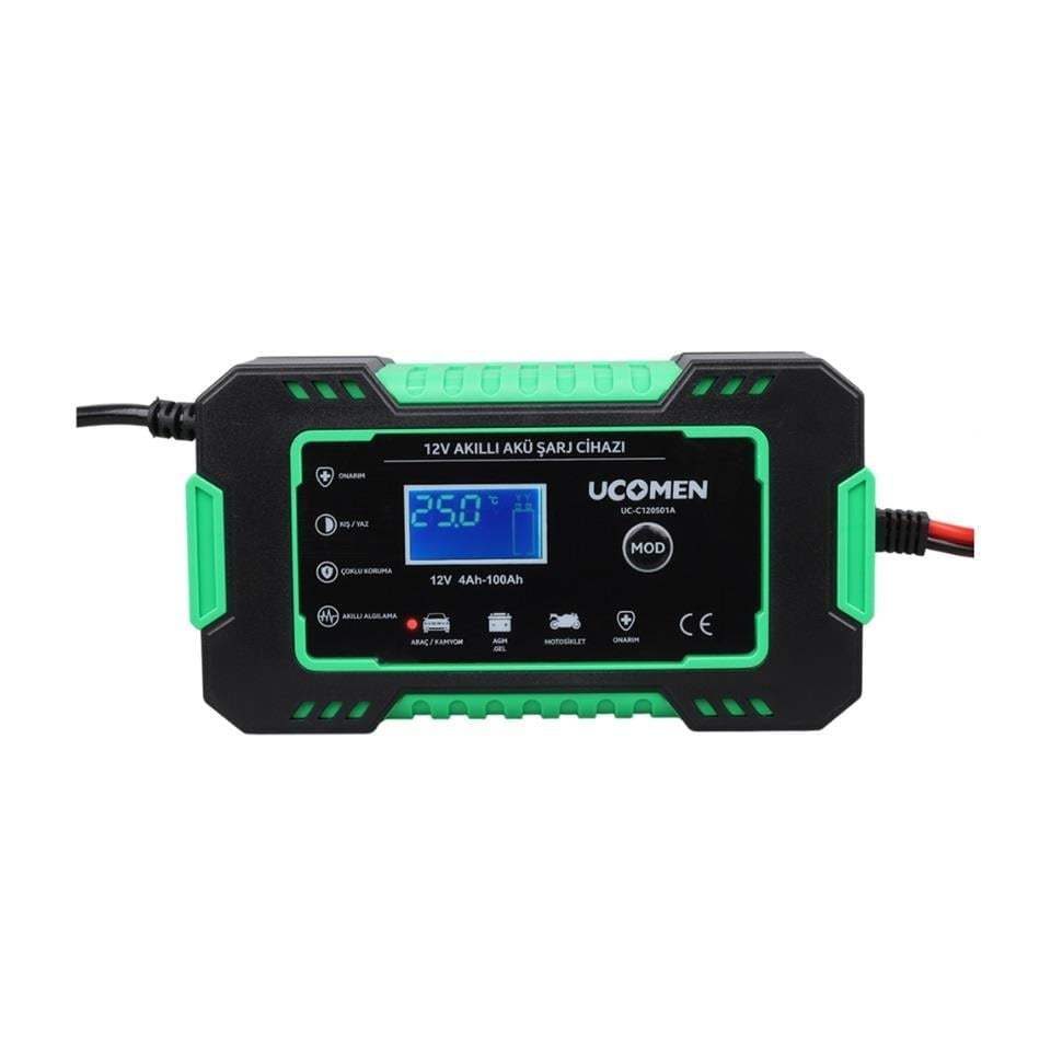 UCOMEN 12V ŞARJ REDRESÖRÜ (AKILLI AKÜ ŞARJ CİHAZI) OTOMATİK 6 A LCD EKRAN YEŞİL (+AGM/JEL)