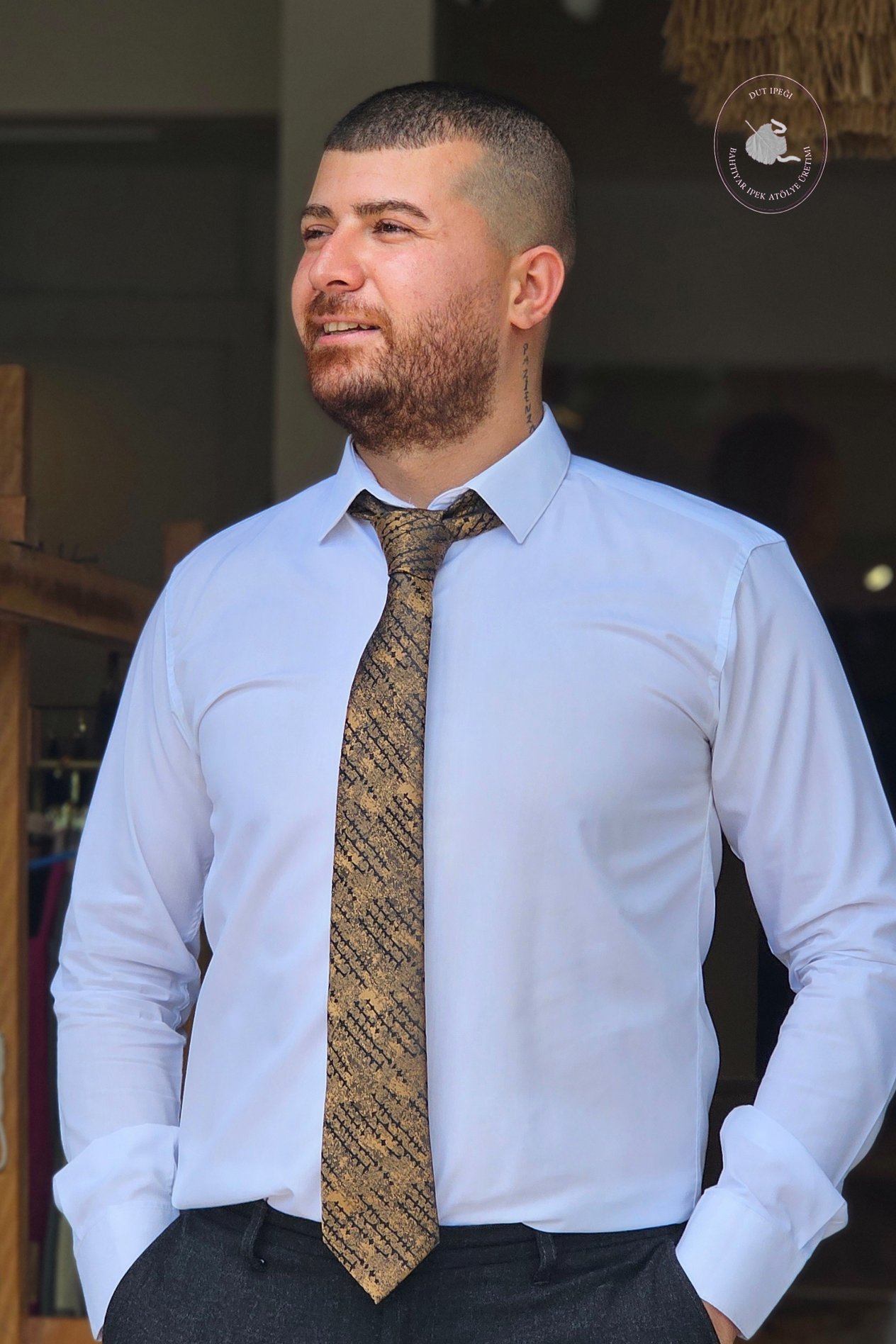 Açık Kahve Siyah Desenli İpek Mendilli Kravat  Bahtiyar İpek Kravat