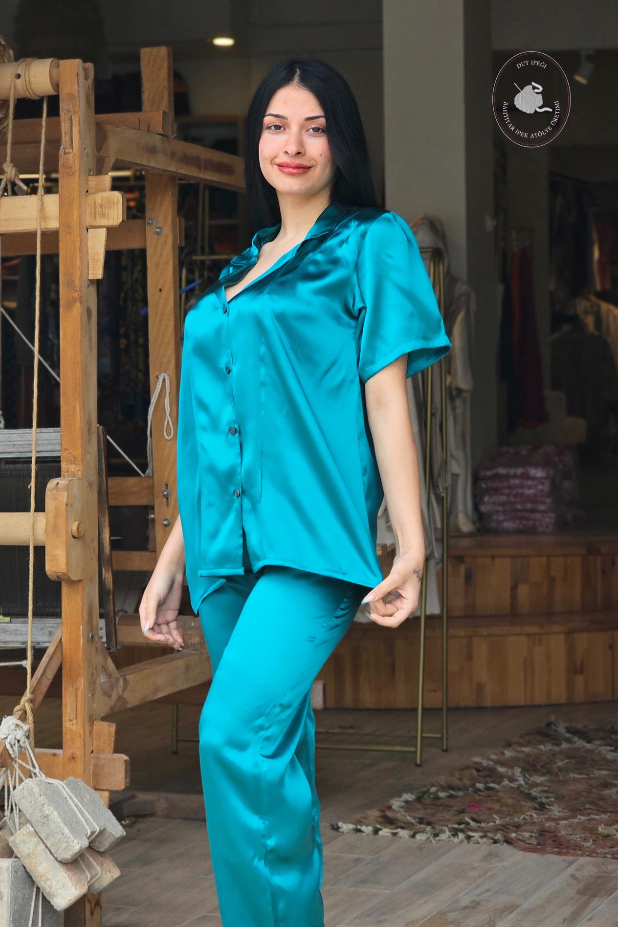 Petrol Yeşili İpek Pijama Takımı  Bahtiyar İpek İpek Pijama Takımı
