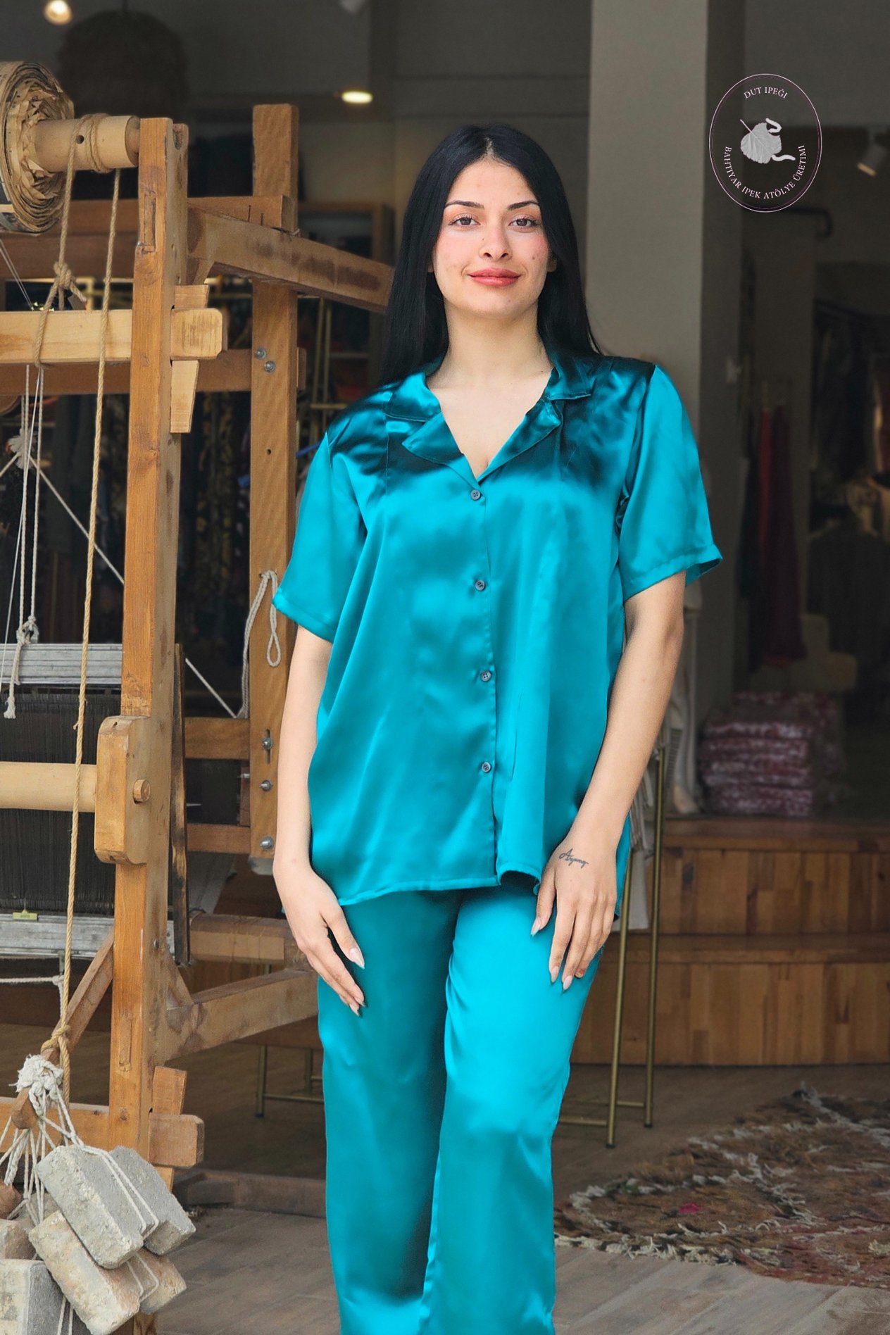 Petrol Yeşili İpek Pijama Takımı  Bahtiyar İpek İpek Pijama Takımı