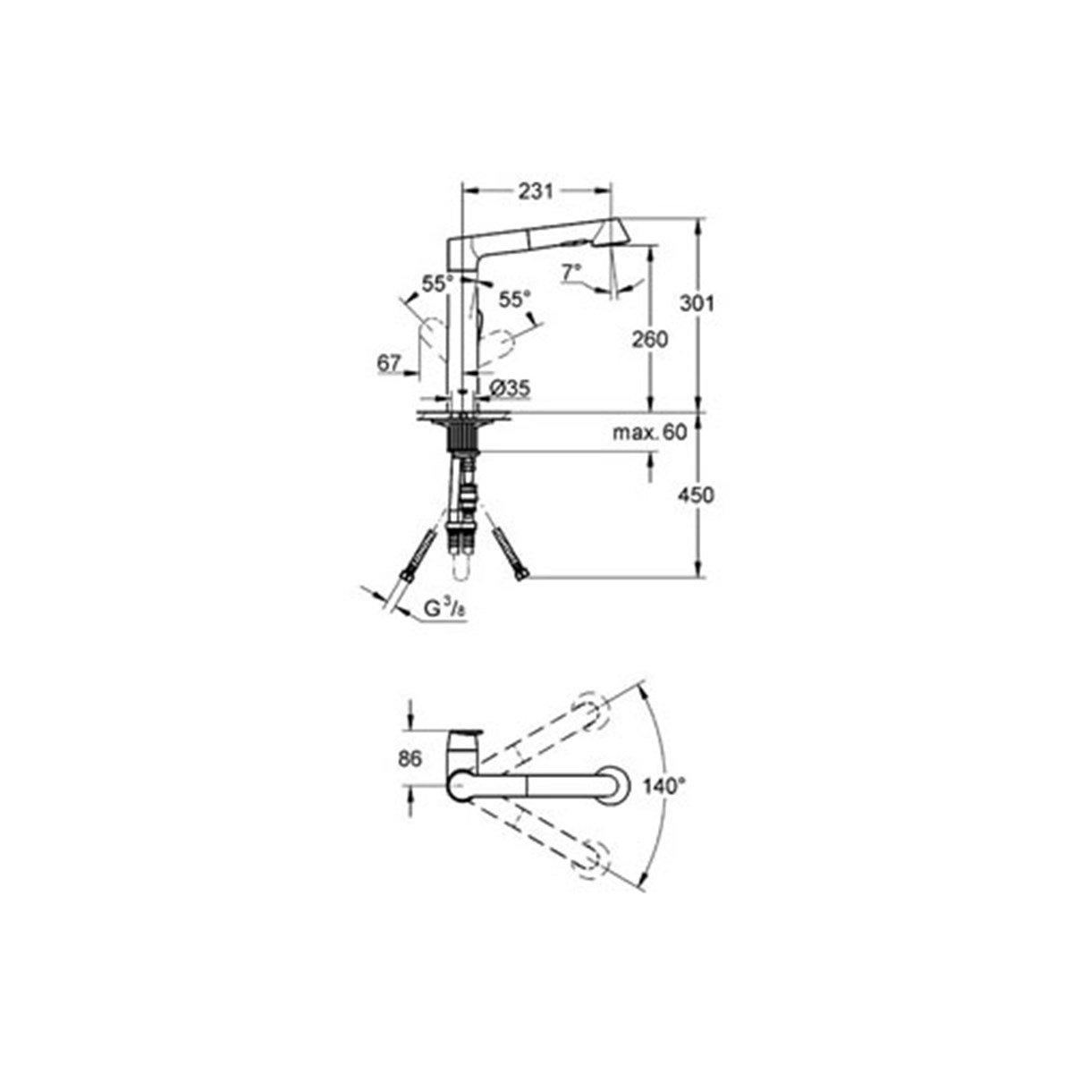 Grohe K7 Spiralli Eviye Bataryası Paslanmaz Çelik
