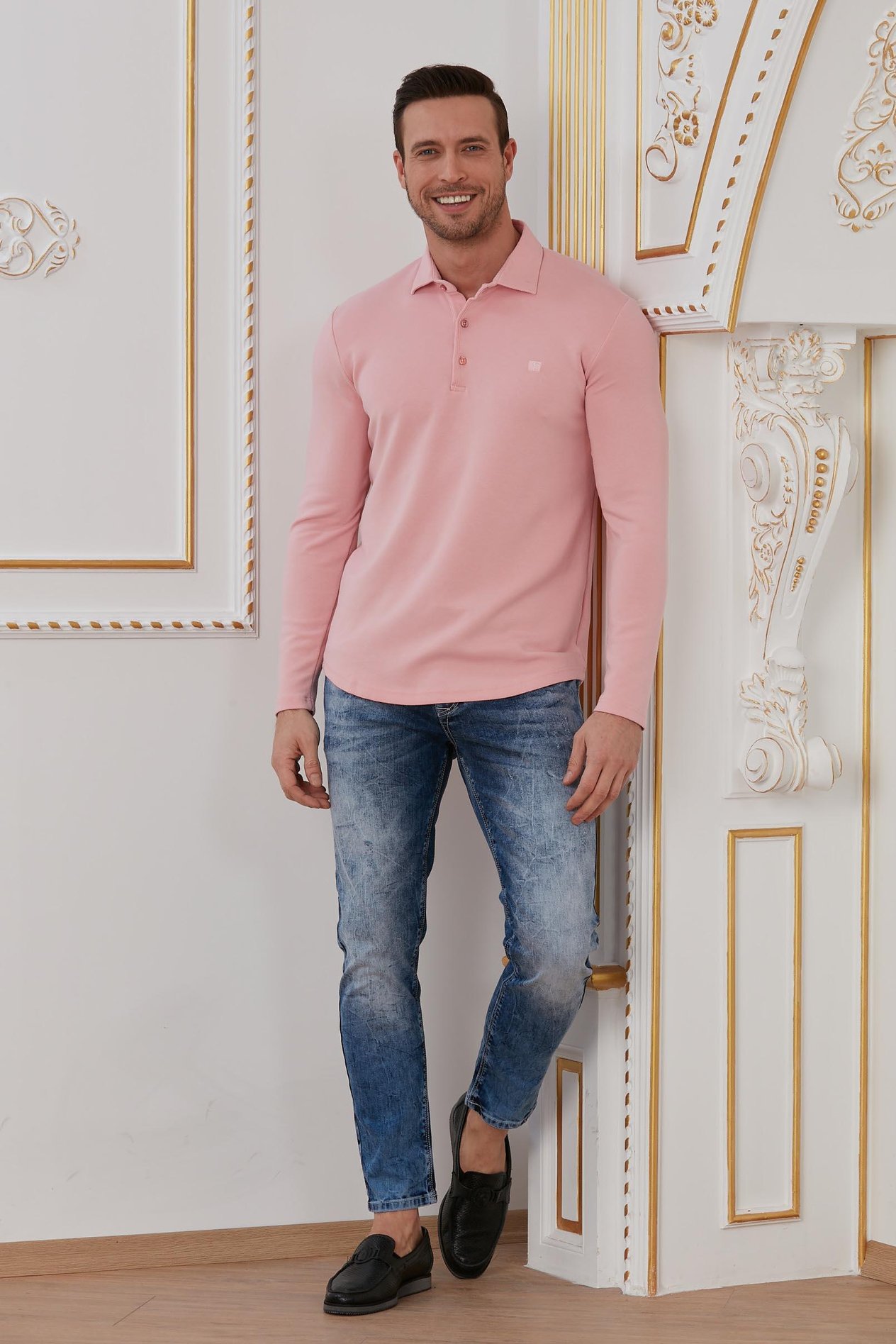 Pembe Basic Polo Yaka Sweatshirt