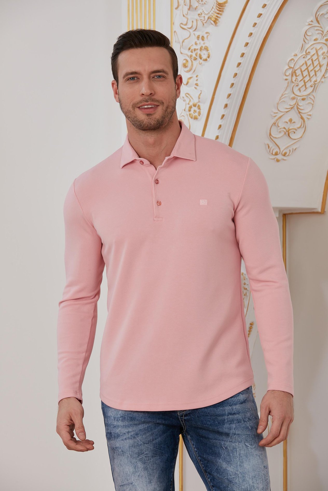 Pembe Basic Polo Yaka Sweatshirt