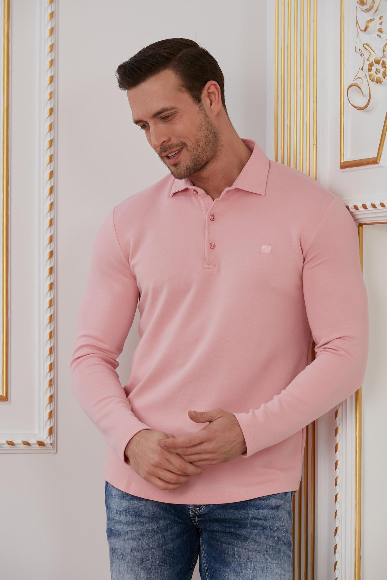 Pembe Basic Polo Yaka Sweatshirt