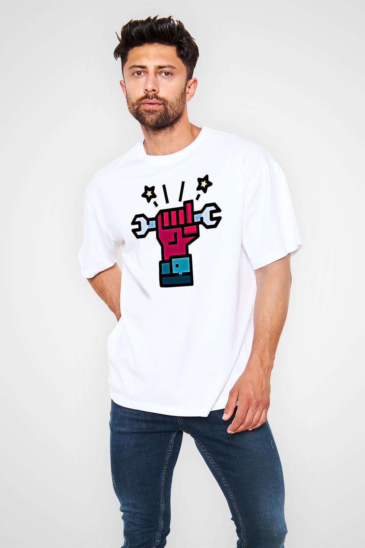 1 Mayıs Baskılı Beyaz Unisex Oversize Tişört - Tshirt