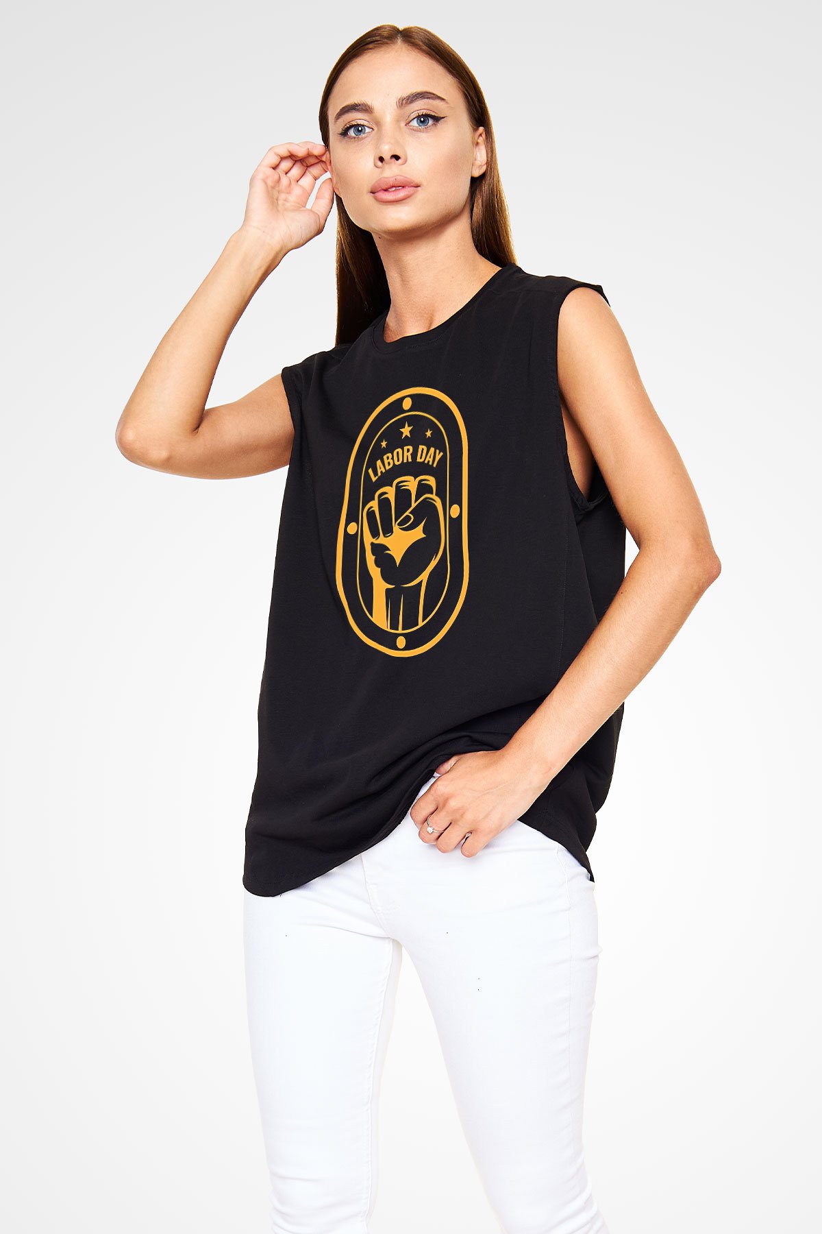 1 Mayıs Baskılı Unisex Siyah Kolsuz Tişört - Tshirt
