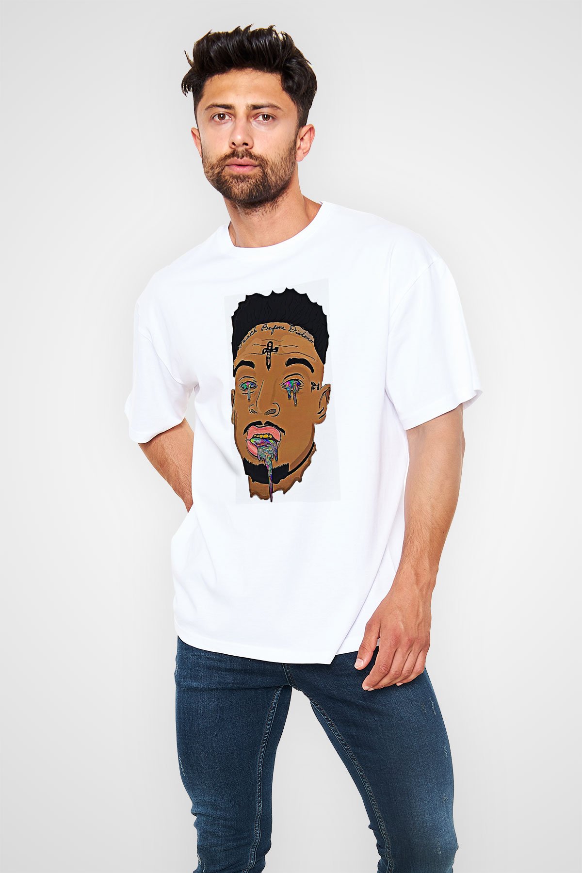 21 Savage Baskılı Beyaz Unisex Oversize Tişört - Tshirt