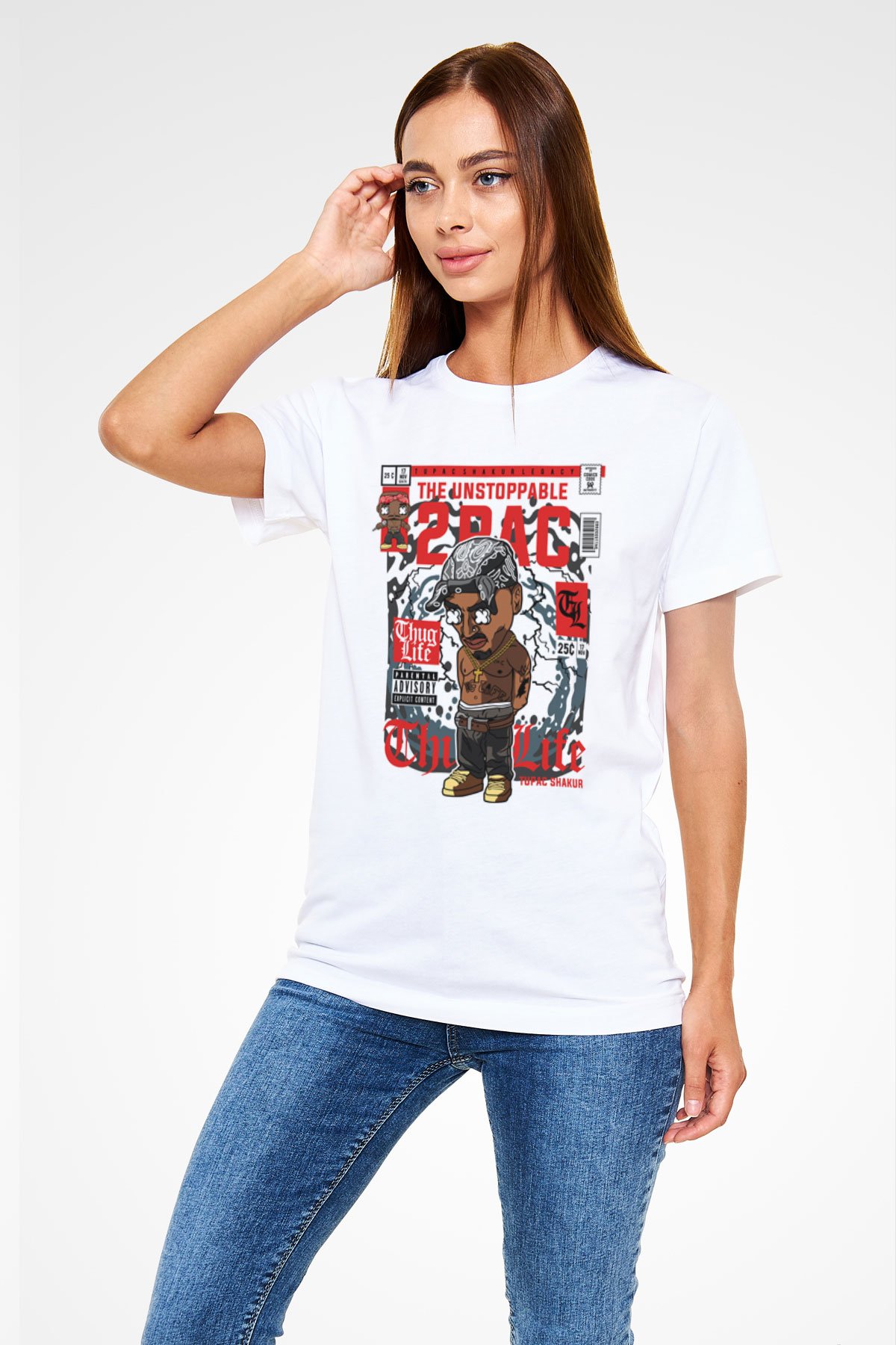 2PAC Baskılı Unisex Beyaz Tişört