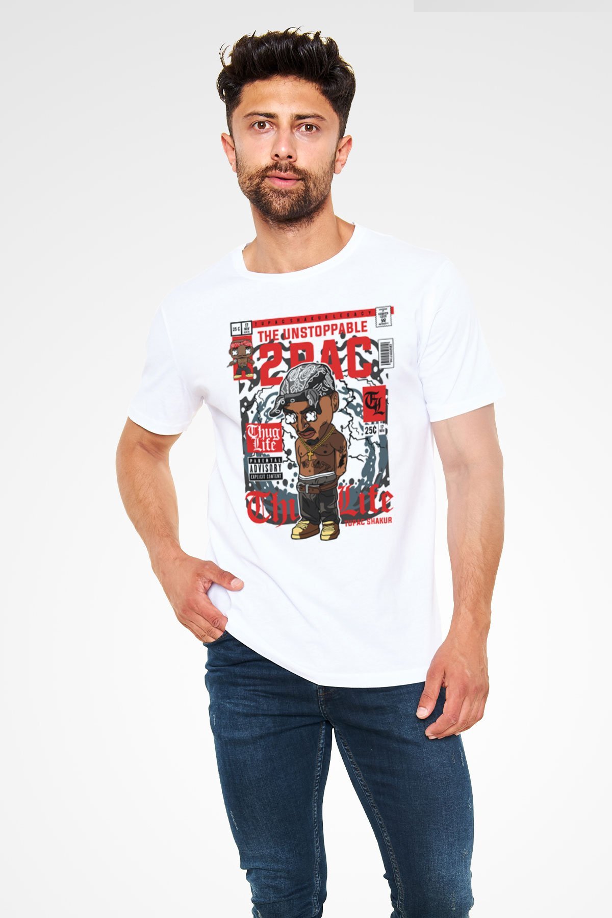 2PAC Baskılı Unisex Beyaz Tişört