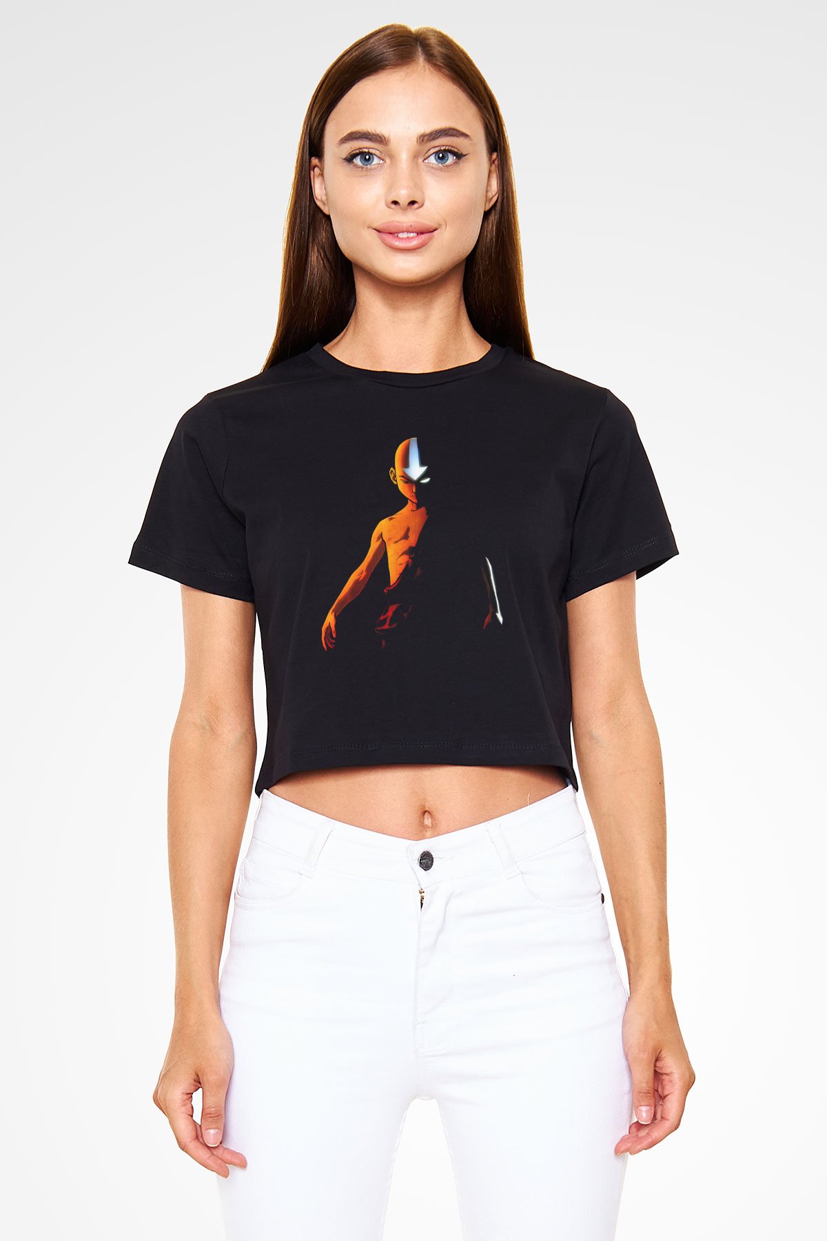 Aang Avatar Baskılı Siyah Crop Top Kadın Tişört - Tshirt