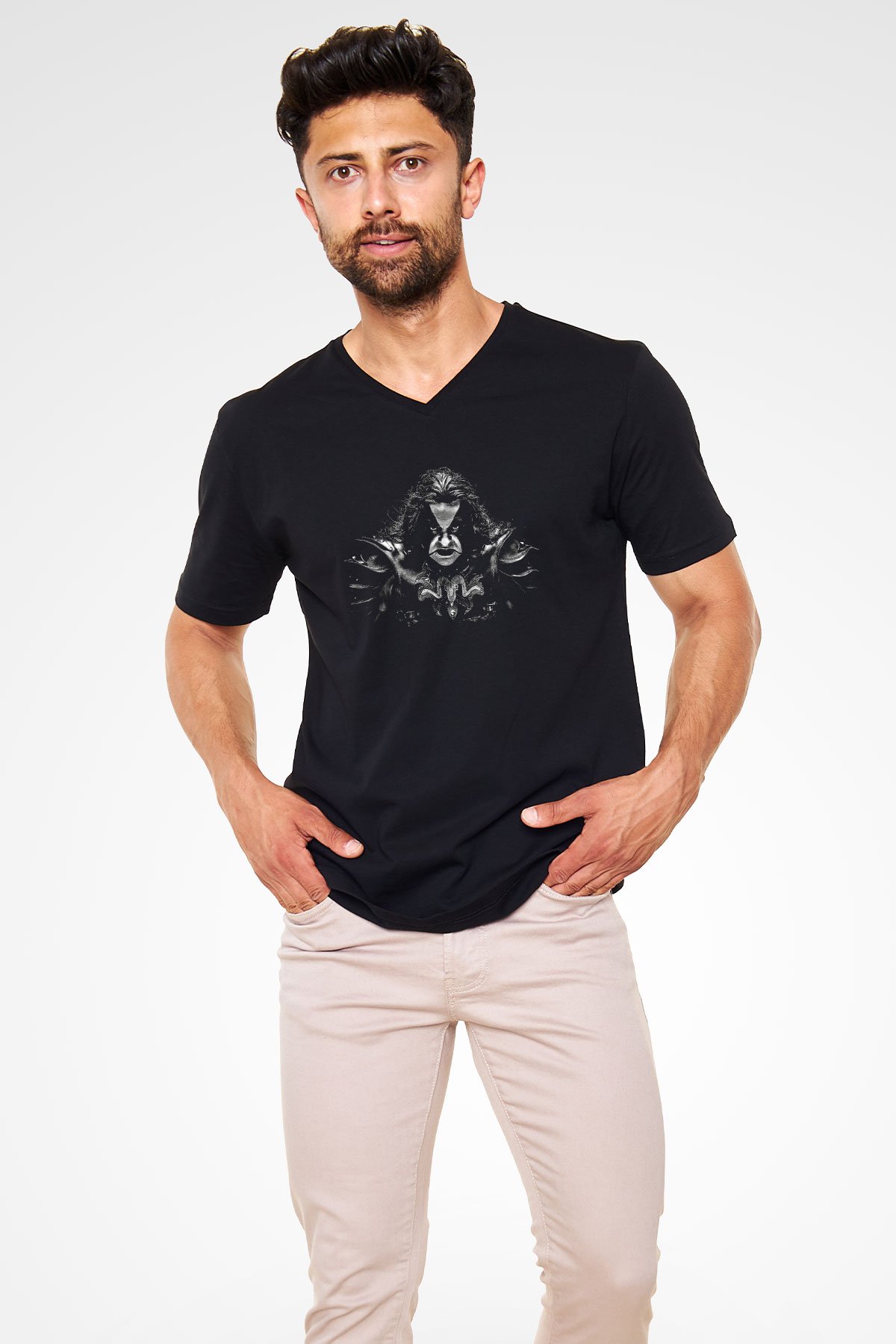 Abbath Baskılı Unisex Siyah V Yaka Tişört