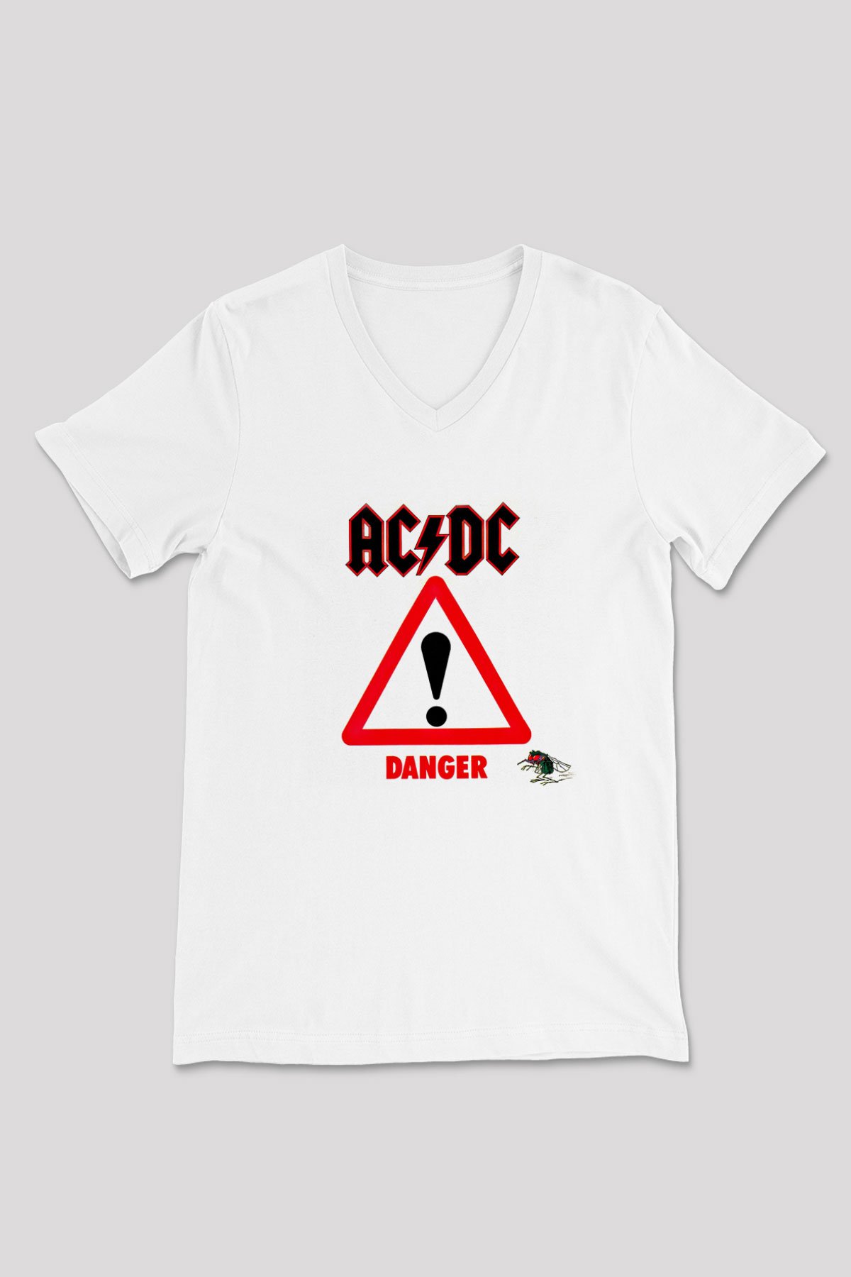 ACDC Baskılı Unisex Beyaz V Yaka Tişört