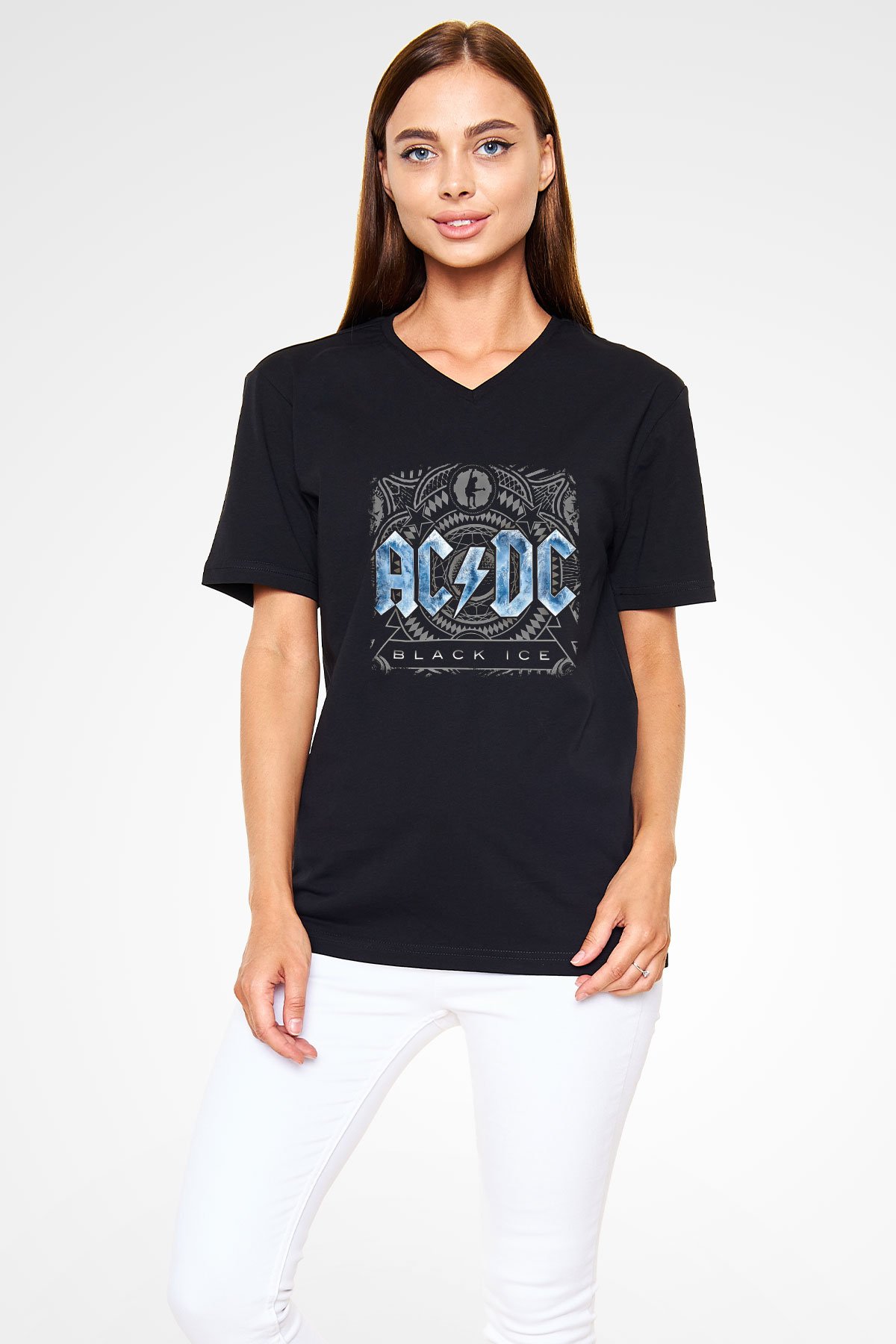 ACDC Baskılı Unisex Siyah V Yaka Tişört