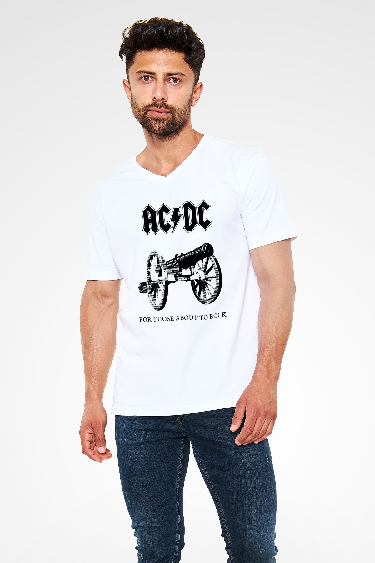 AC DC For Those About To Rock Beyaz Unisex V Yaka Tişört T-Shirt