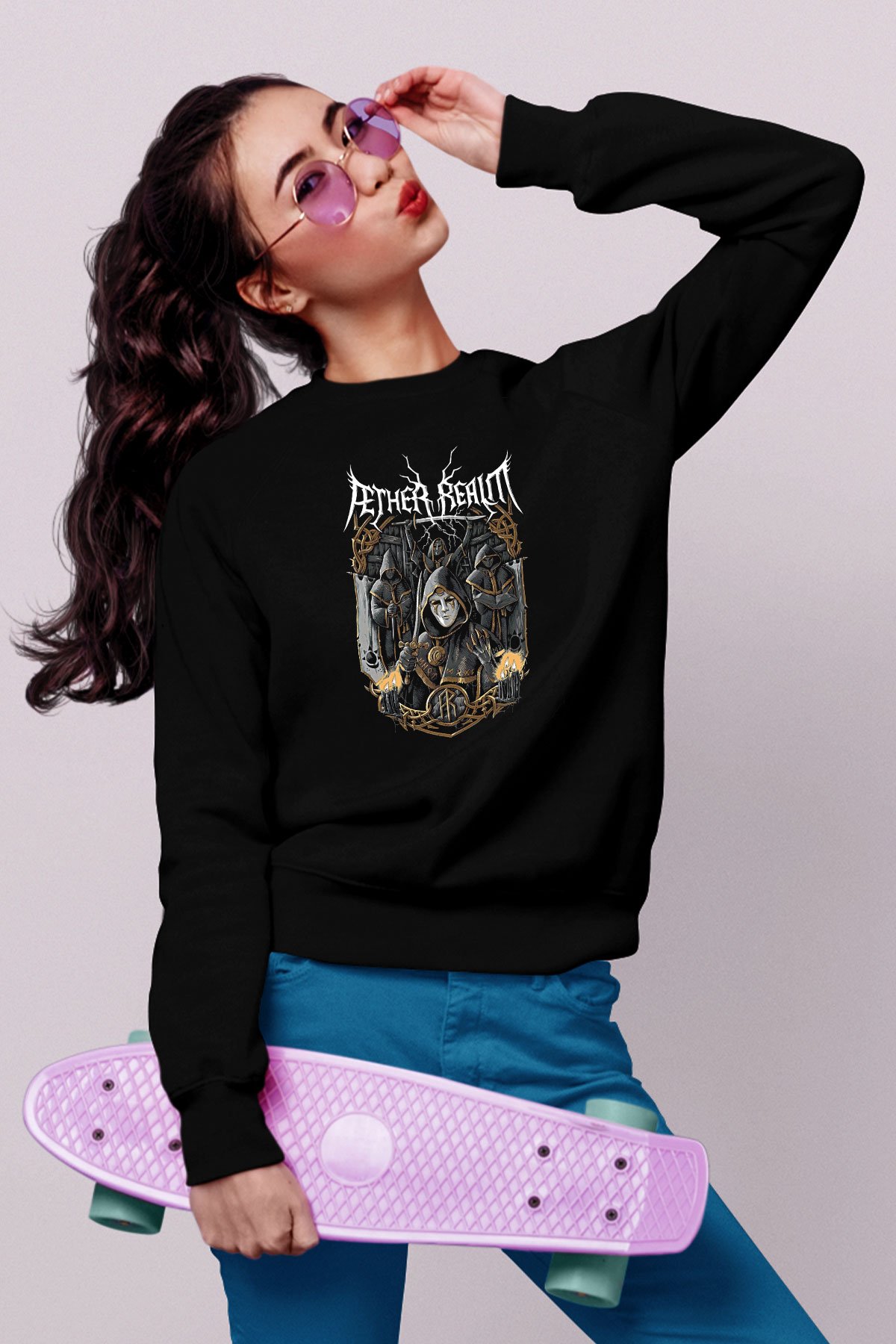 Aether Realm Baskılı Unisex Siyah Sweatshirt
