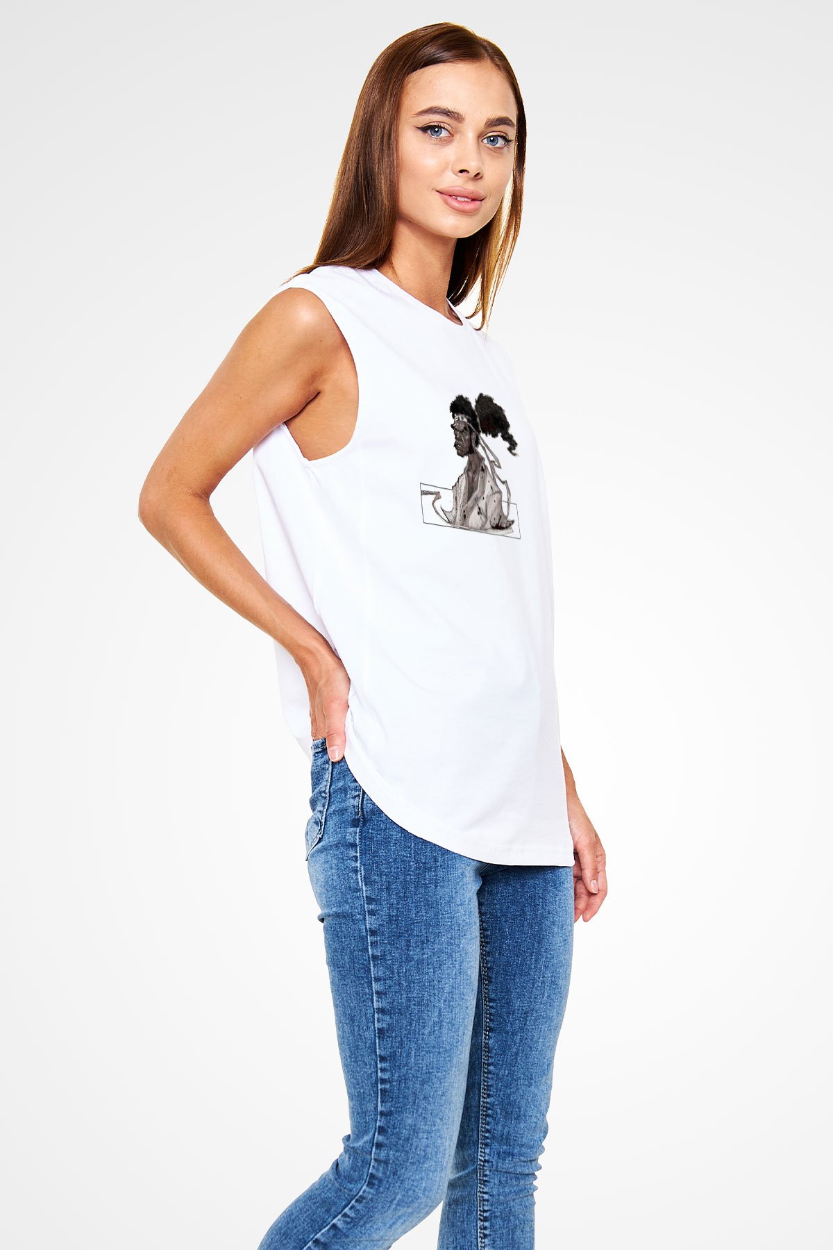 Afro Samurai Baskılı Beyaz Unisex Kolsuz Tişört - Tshirt