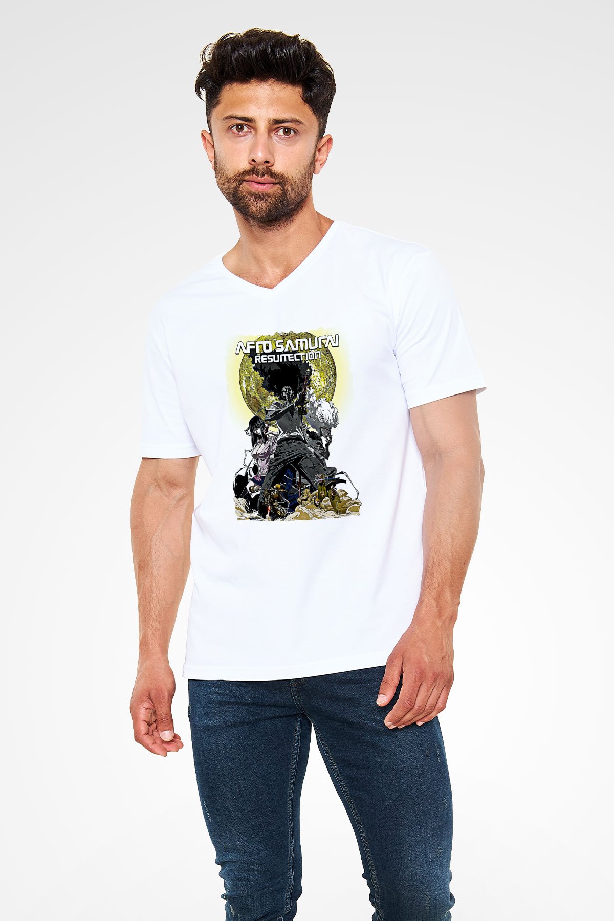 Afro Samurai Baskılı Beyaz Unisex V Yaka Tişört - Tshirt