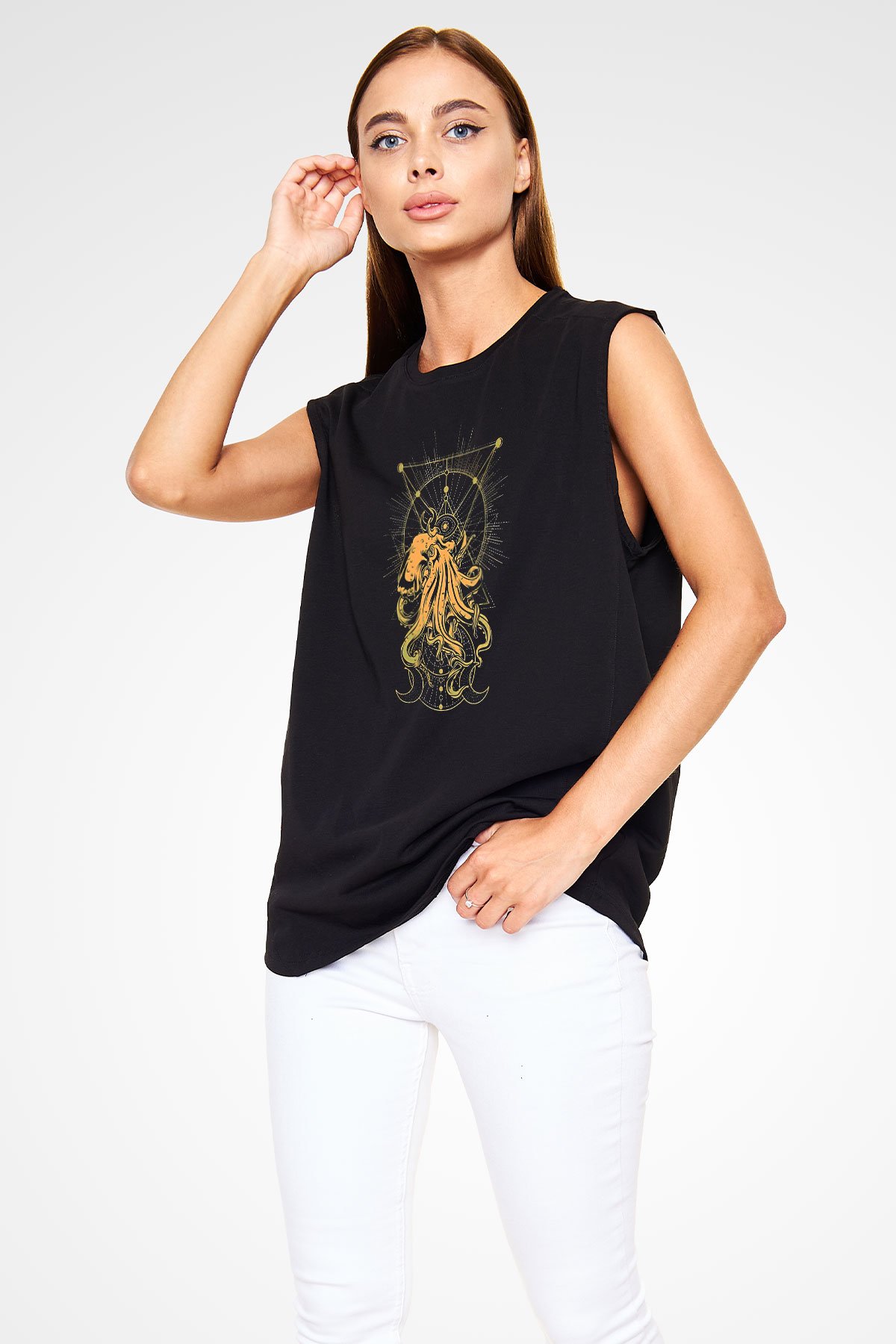 Ahtapot Baskılı Unisex Siyah Kolsuz Tişört - Tshirt